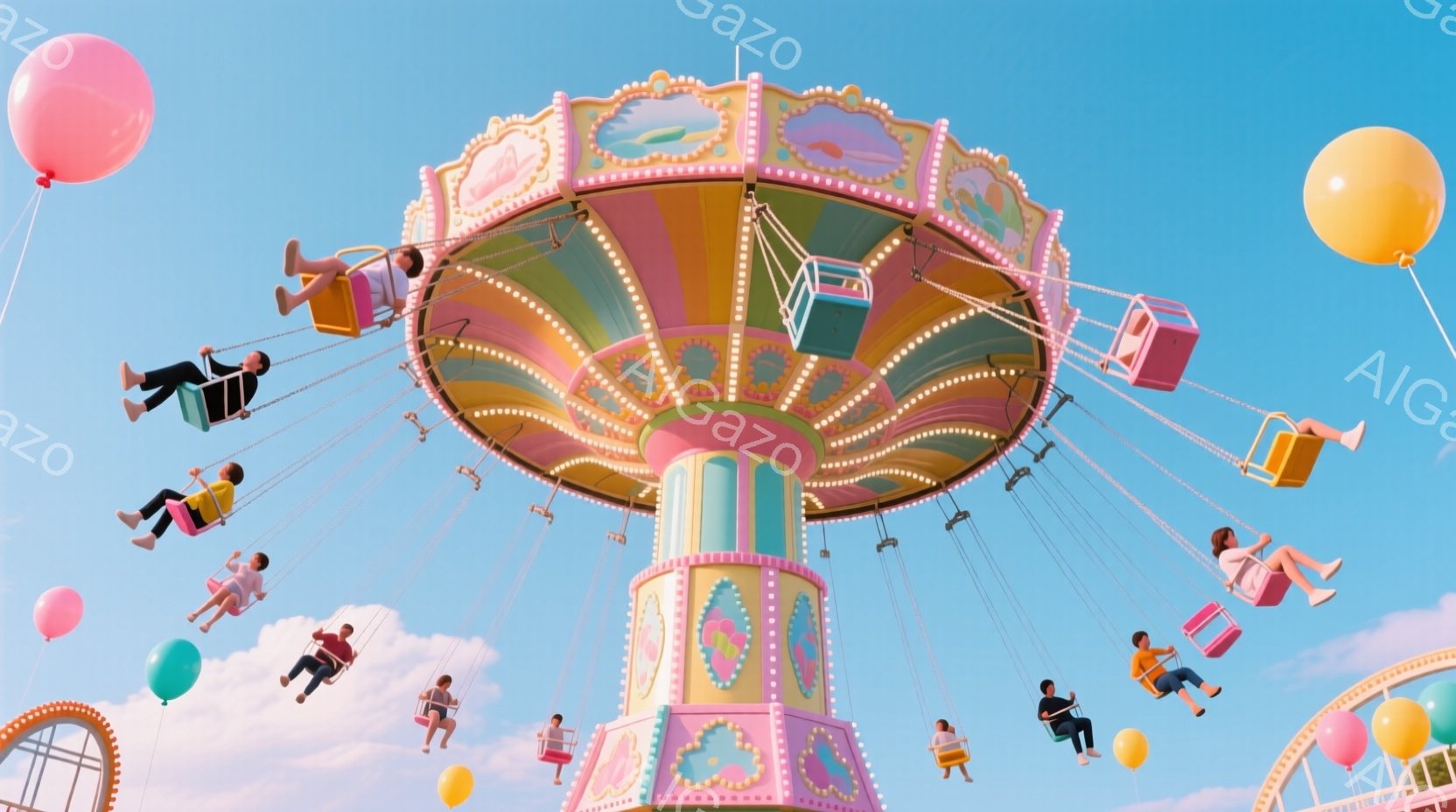 カラフルなメリーゴーランドカーニバルで、多くの人々が飛行機風の乗り物で遊ぶ中、1人が緊張や恐れを感じているように見えます。背景は大空と明るい日光で、楽しさが充満した様子が伝わってきます。