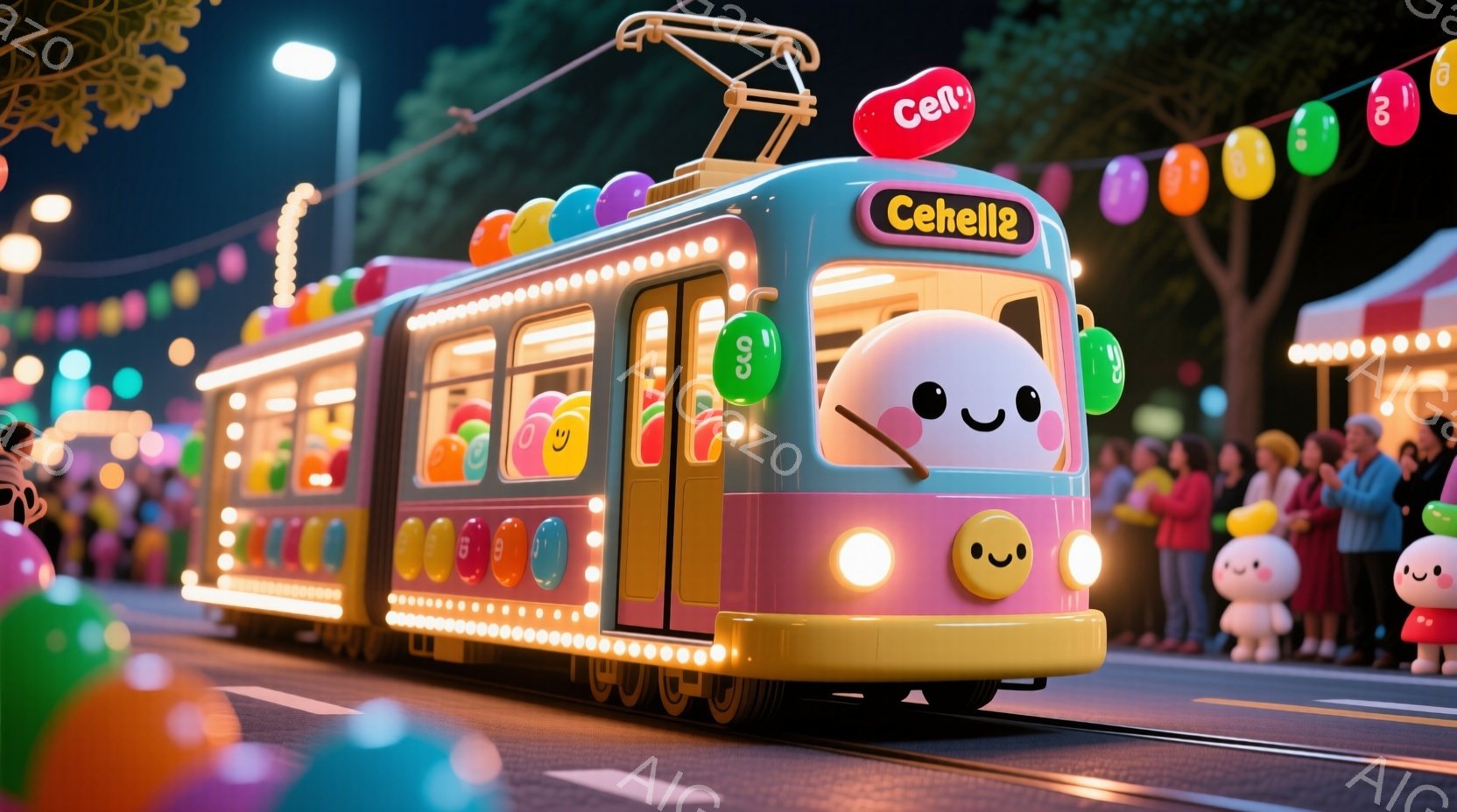 カラフルなキャンディを模した路面電車が、夜の街を走っています。電車の窓は様々な色のアメで埋め尽くされ、愛らしい表情が施されており、まるで生きているようです。背景には、ぼやけた街並みと、小さな人々がおり、楽しいお祭りのような雰囲気が漂っています。