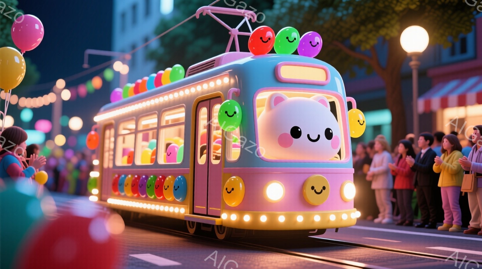 夜の街並みを走る、かわいらしい路面電車が印象的な光景です。電車はピンクと水色を基調とした色使いで、大きな目と笑顔が描かれており、まるで生きているかのような愛らしさです。沿道には色とりどりの服を着た人々 - AI生成フリー素材