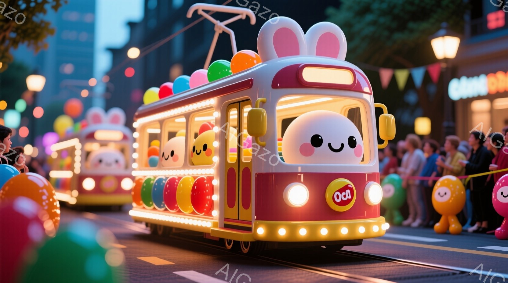 明るい色の電車のパレードが夜の街を走っている。電車は可愛らしい顔と丸いカラフルな装飾が施されており、まるで生きているかのように見える。背景には高層ビルが立ち並び、多くの人々がパレードを楽しんでいる様子 - AI生成フリー素材