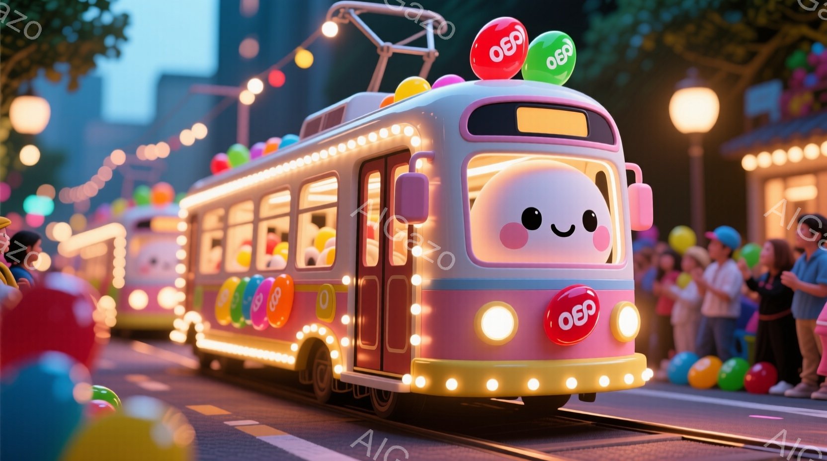 カラフルな風船で飾られた可愛らしい路面電車が、遊園地のような賑やかな通りを走っている。電車の顔には笑顔が描かれており、車両全体がピンクとクリーム色を基調としたポップなデザインになっている。背景には、楽 - AI生成フリー素材