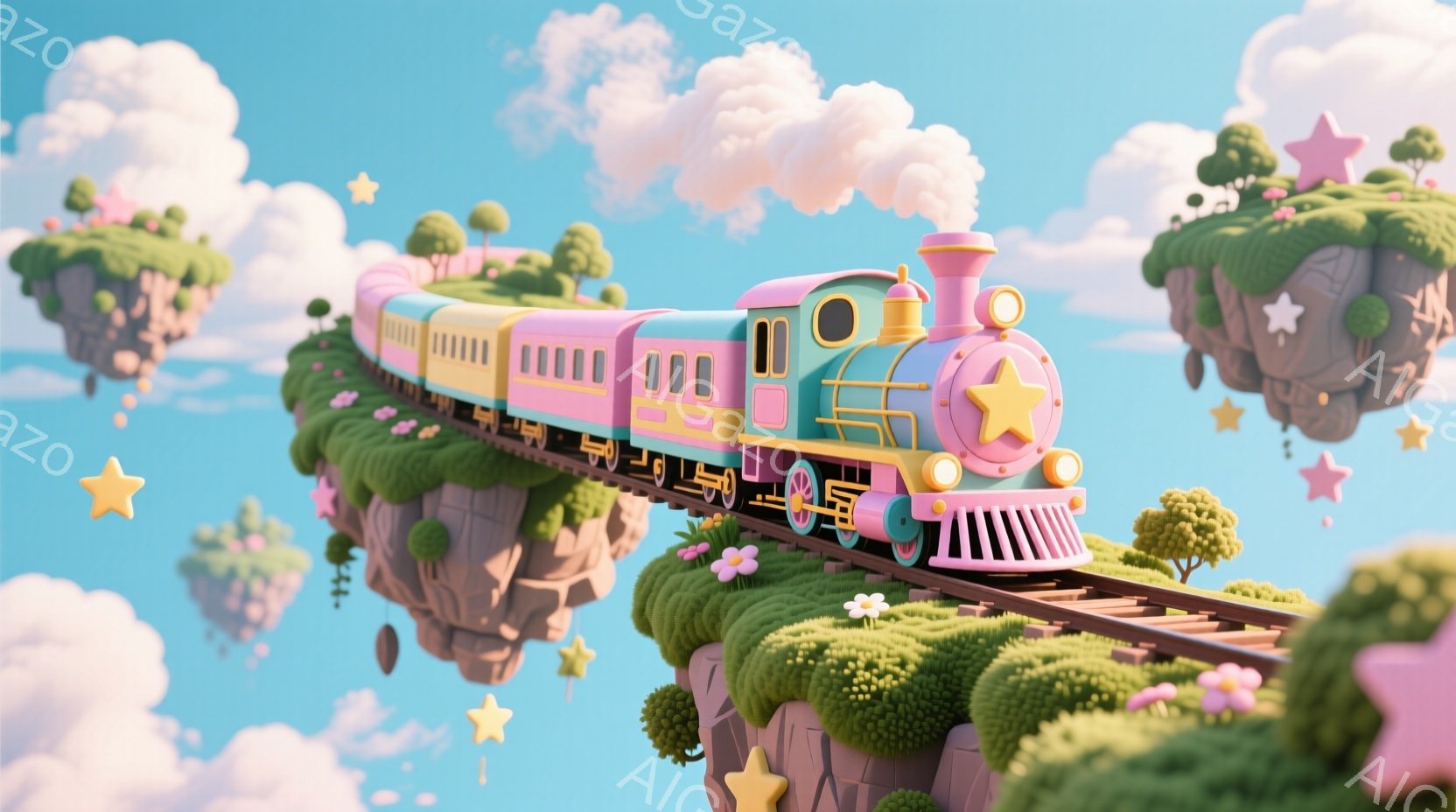 明るいピンクと黄色を基調とした列車が、花で飾られた浮遊島の上を走っています。空には綿のような雲と星が散りばめられ、ファンタジーのような雰囲気です。全体的にパステルカラーで、子供向けの可愛らしい世界観が表現されています。