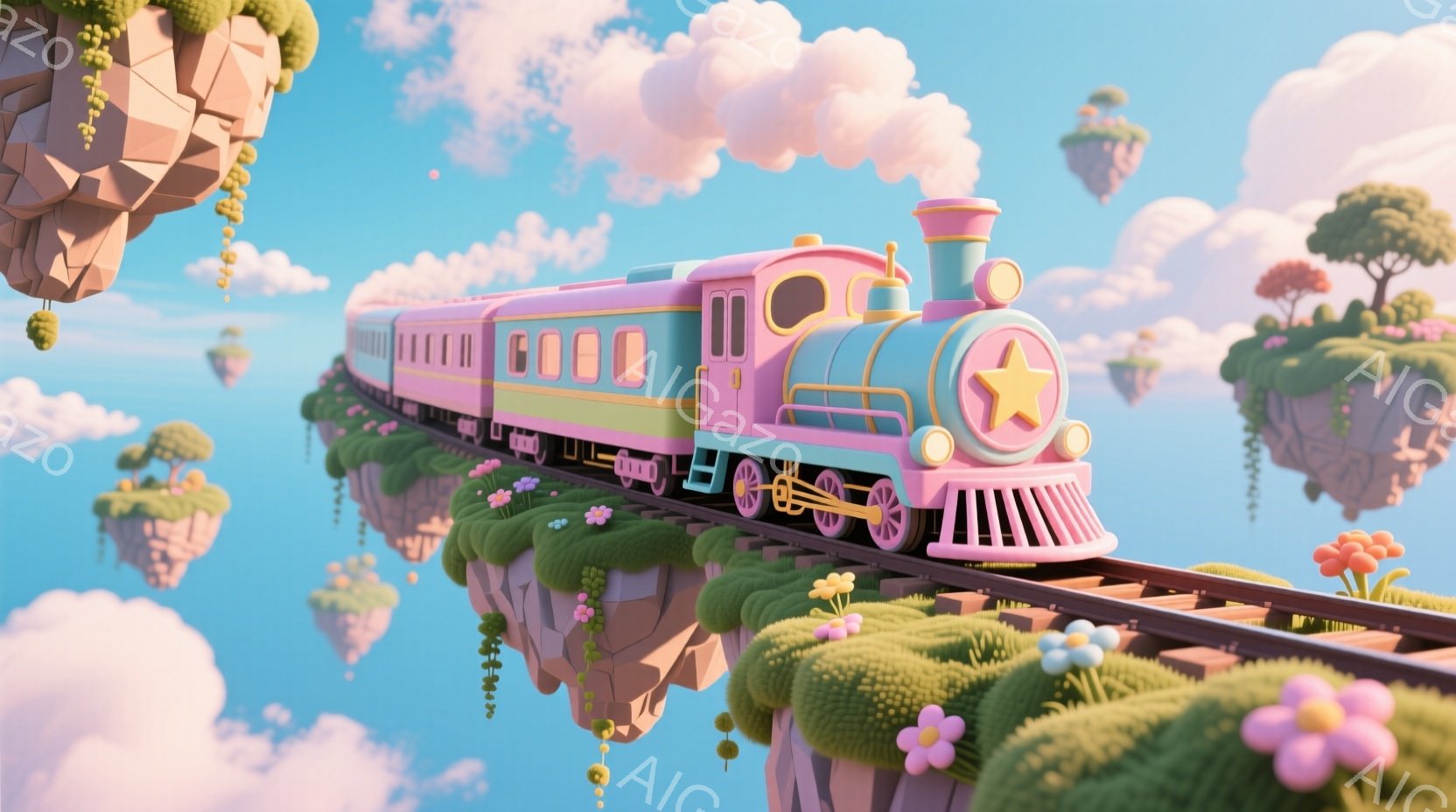 空中に浮かぶ緑の岩場の上を、ピンクと水色の列車が走っている。列車は可愛らしいデザインで、窓からは光が漏れている。背景は淡い青空とふわふわの雲で、全体的に夢のような、幻想的な雰囲気が漂っている。 - AI生成フリー素材