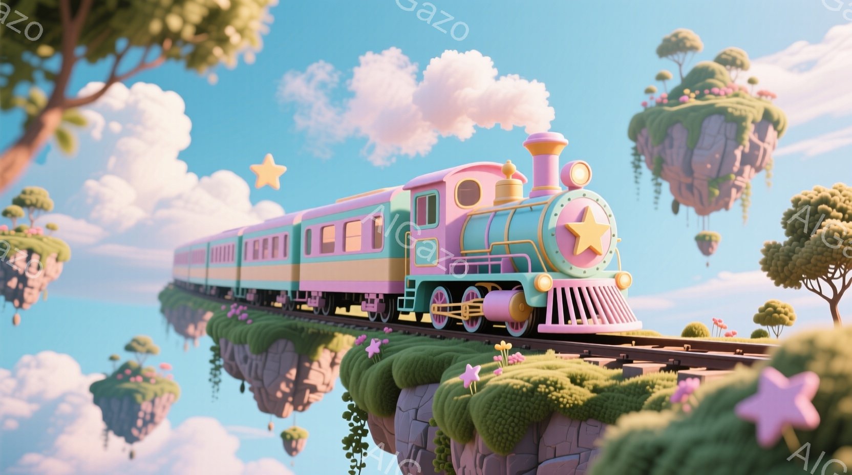 明るい水色の空を背景に、ピンクとミントグリーンに色付けされた可愛らしい蒸気機関車が、浮遊する緑の島々の上を走っています。機関車の周りには星型のモチーフや、カラフルな花が咲き乱れ、ファンタジーのような雰 - AI生成フリー素材