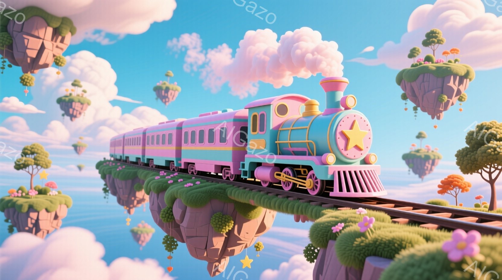 明るい青空の下、浮かんだ線路の上を、水色の蒸気機関車が走っている。線路は小さな島のように空中に浮いており、それぞれに可愛らしい木々や花が咲き誇っている。全体的に夢のような、ファンタジーの世界を表現した、温かく、遊び心のある雰囲気である。