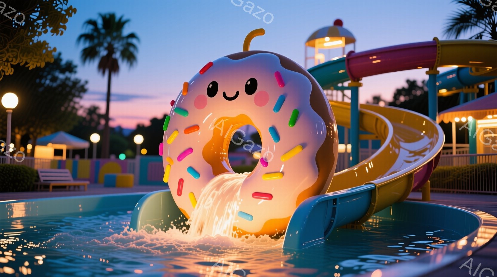 大きなドーナツ型の浮き輪が、水色のウォータースライダーを滑り降りてプールに飛び込む様子が描かれている。背景にはヤシの木やカラフルな建物が見え、夕暮れ時の穏やかな空気が漂っている。全体的に明るく、遊び心 - AI生成フリー素材