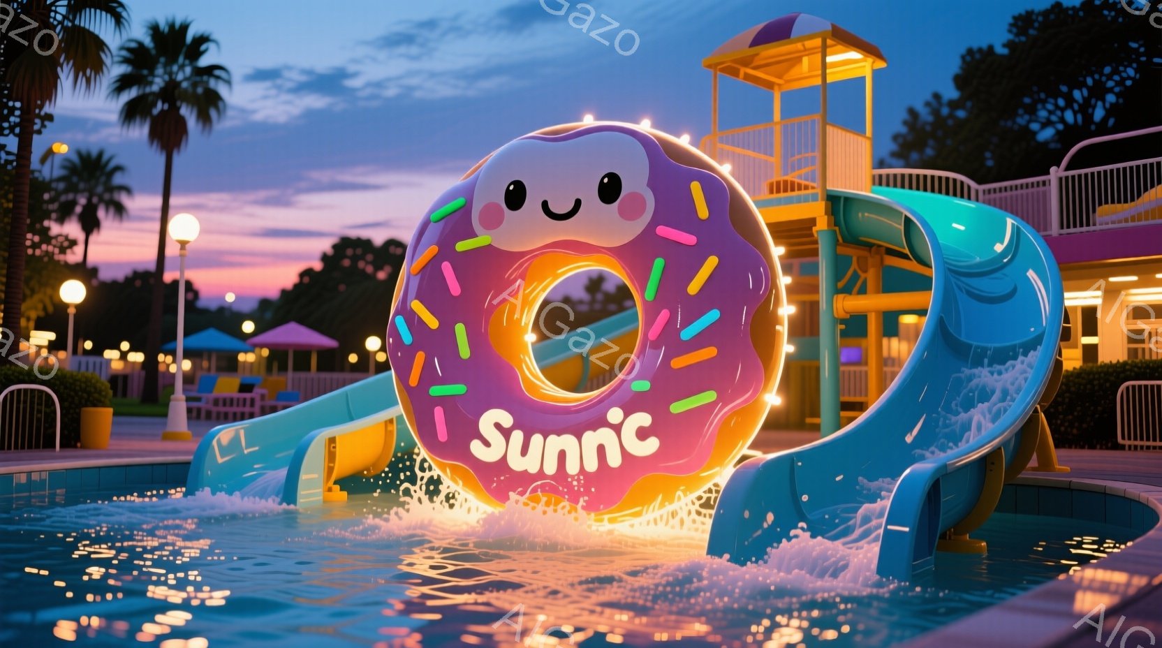 明るい水色のウォータースライダーが水しぶきを上げながらプールに流れ込んでいる様子が描かれています。水面には巨大なドーナツ型の浮き輪が浮かび、その表面には「Sunnic」という文字が書かれ、愛らしい顔が描かれています。背景にはヤシの木、プールサイドのパラソル、そして夕暮れ時の空が広がり、全体的に楽しげでカラフルな雰囲気が漂っています。