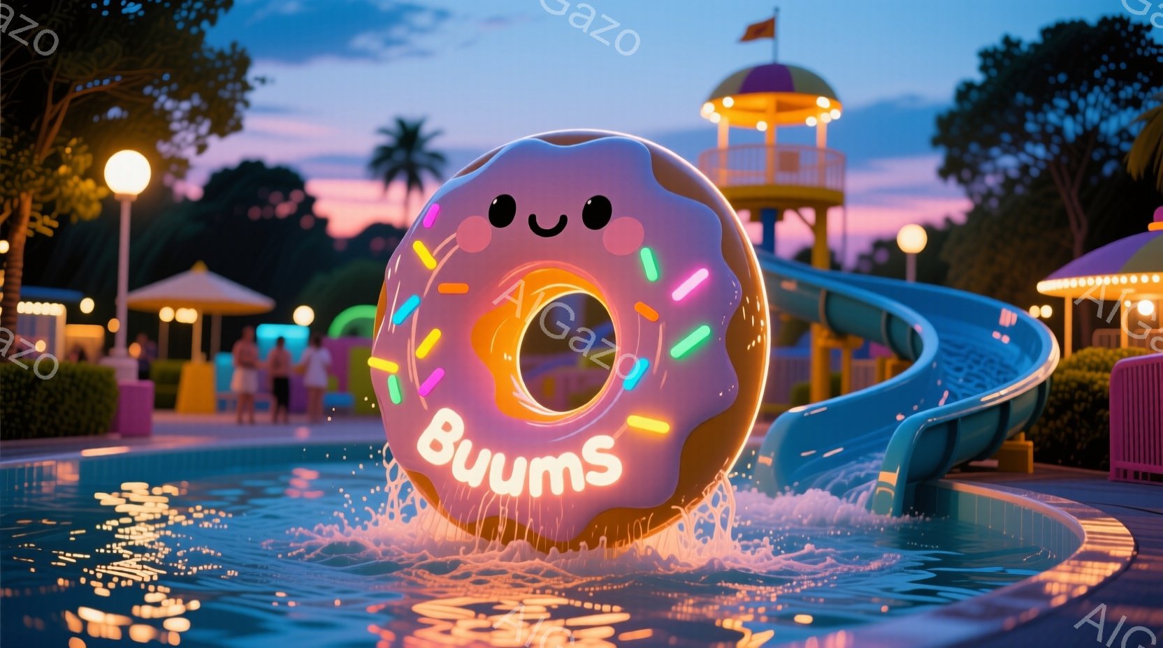 プールには大きなドーナツ型の浮き輪が浮かんでおり、「Buums」という文字が光っています。背景には、カラフルなスライドやパームツリー、そして夕暮れ時の空が広がり、楽しい夏の雰囲気を感じさせます。人々は水着姿でプールサイドにいて、楽しそうに過ごしている様子が伺えます。