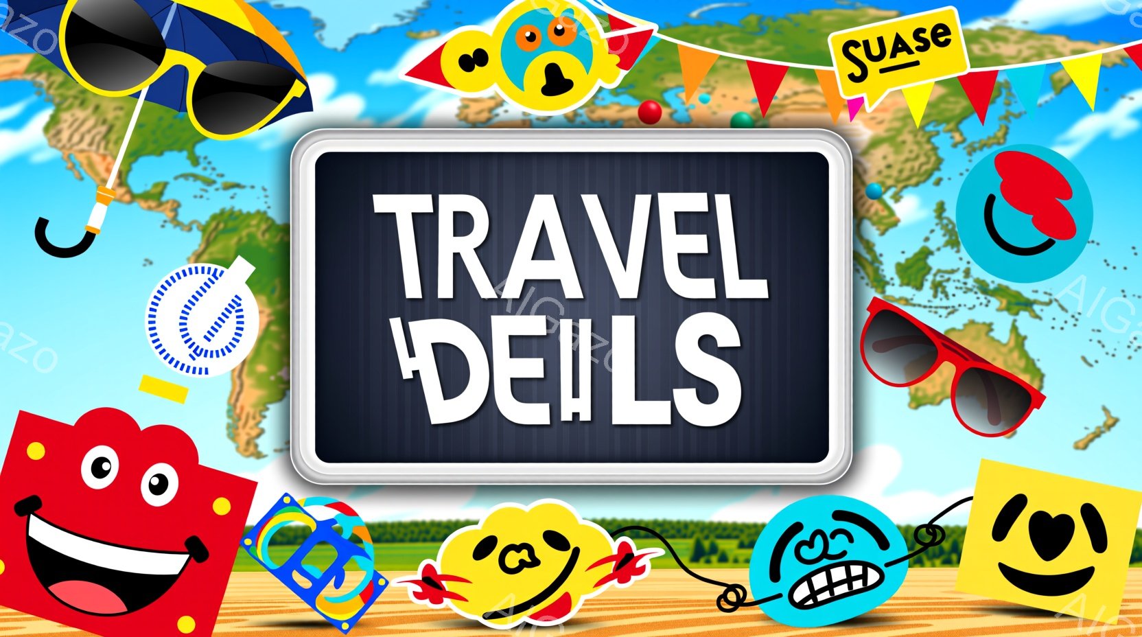 旅行をテーマにしたカラフルなイラストレーションです。世界地図の背景に、太陽、雲、旅行用アイテム（スーツケース、サングラス、帽子など）や、笑顔の顔の絵文字が散りばめられています。全体的に明るく、陽気で、旅行への期待感を高めるような雰囲気です。