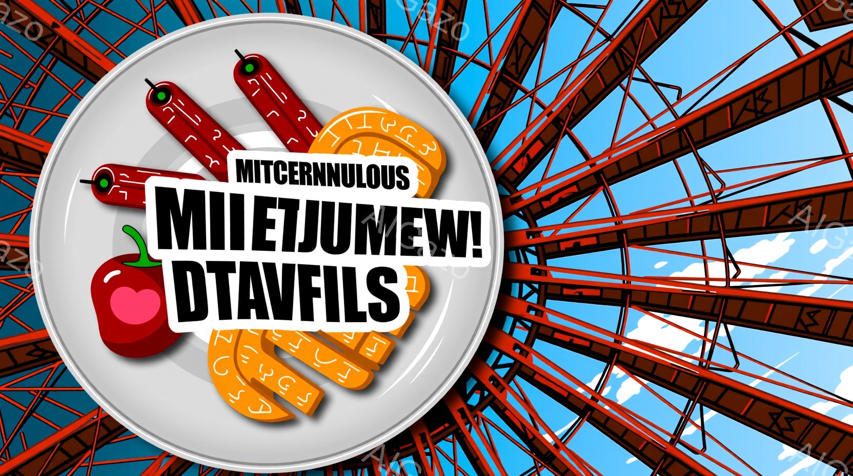 日本語のテキストを含むポップアート風のデザインで、中心に大きな紙袋を配置している。その上部には、赤と白の目玉が集まったような視覚効果があり、周りには様々な障害物やアイテムが表現されている。文字は「ミエジュンウミィ!」と書かれており、下部には「ミエジュンウミィ!ダタファイルズ」の文字がある。様々な感情や状態を表現するための手法が使われていることが注目される。