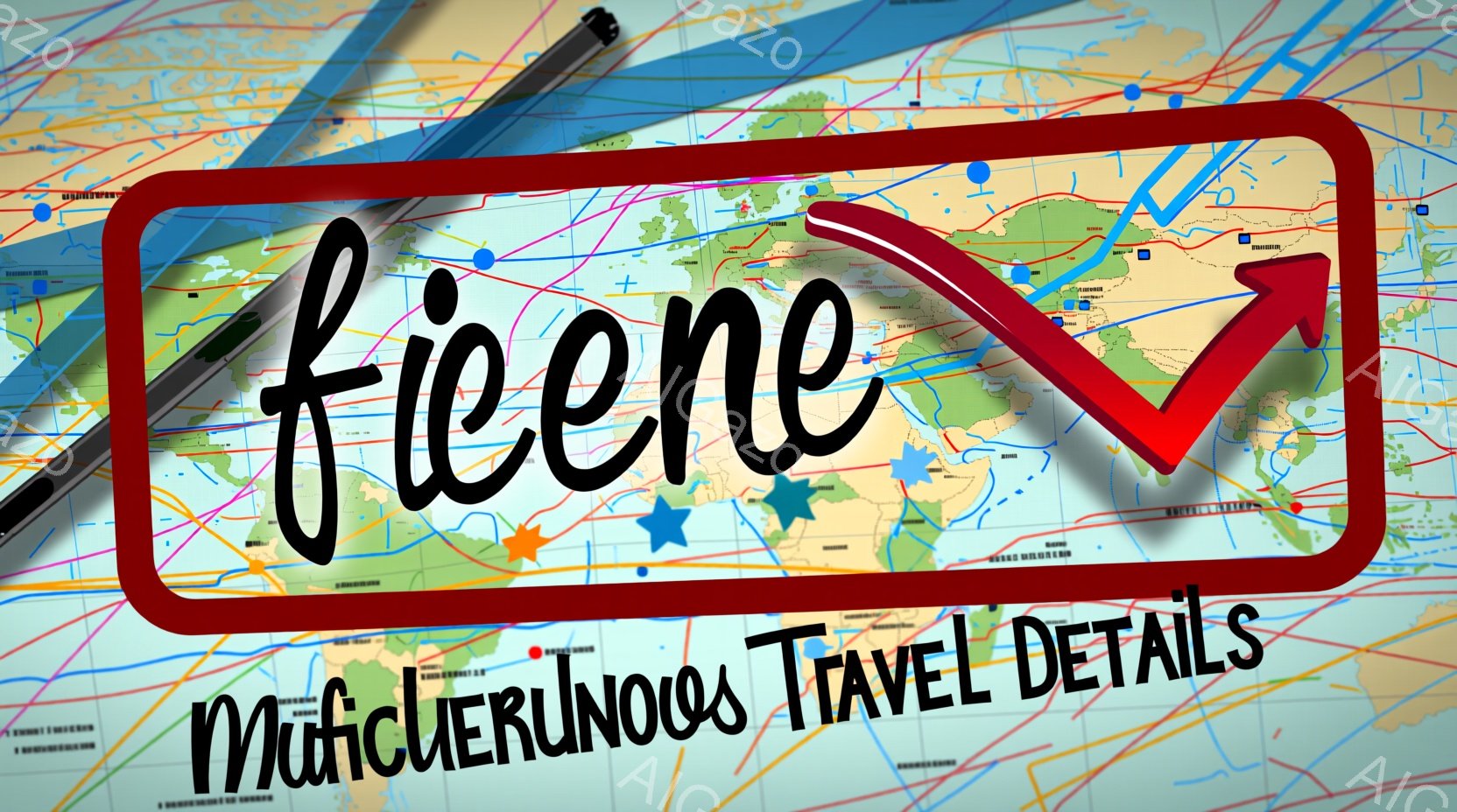 白い地図の上に、「fiecne」という文字が赤い枠で強調されており、青い星と黒いペンが配置されています。地図は様々な色で交通ルートや地理的な特徴が示されており、旅や冒険を想起させます。全体的に、鮮やかな色彩とシンプルな構成が、ダイナミックでポジティブな印象を与えます。