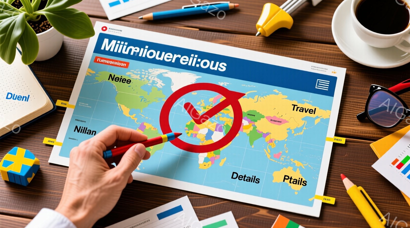 木目のテーブルの上に世界地図が広げられており、赤色のペンが北アメリカ大陸上を指している。背景には、グラフや積み木、サングラス、鉛筆などが散らばっており、旅行計画や学習の準備をしているような雰囲気がある。全体的に明るく、創造的な活動が行われている様子が伺える。