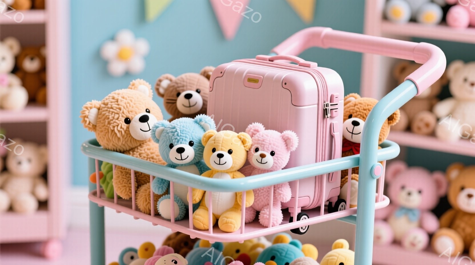 ピンク色のショッピングカートには、様々な色のテディベアが並んでいます。背景にはたくさんのテディベアが棚に飾られており、パステルカラーの装飾が施された可愛らしい部屋の様子が伺えます。全体的に暖かく、夢のような雰囲気が漂っています。