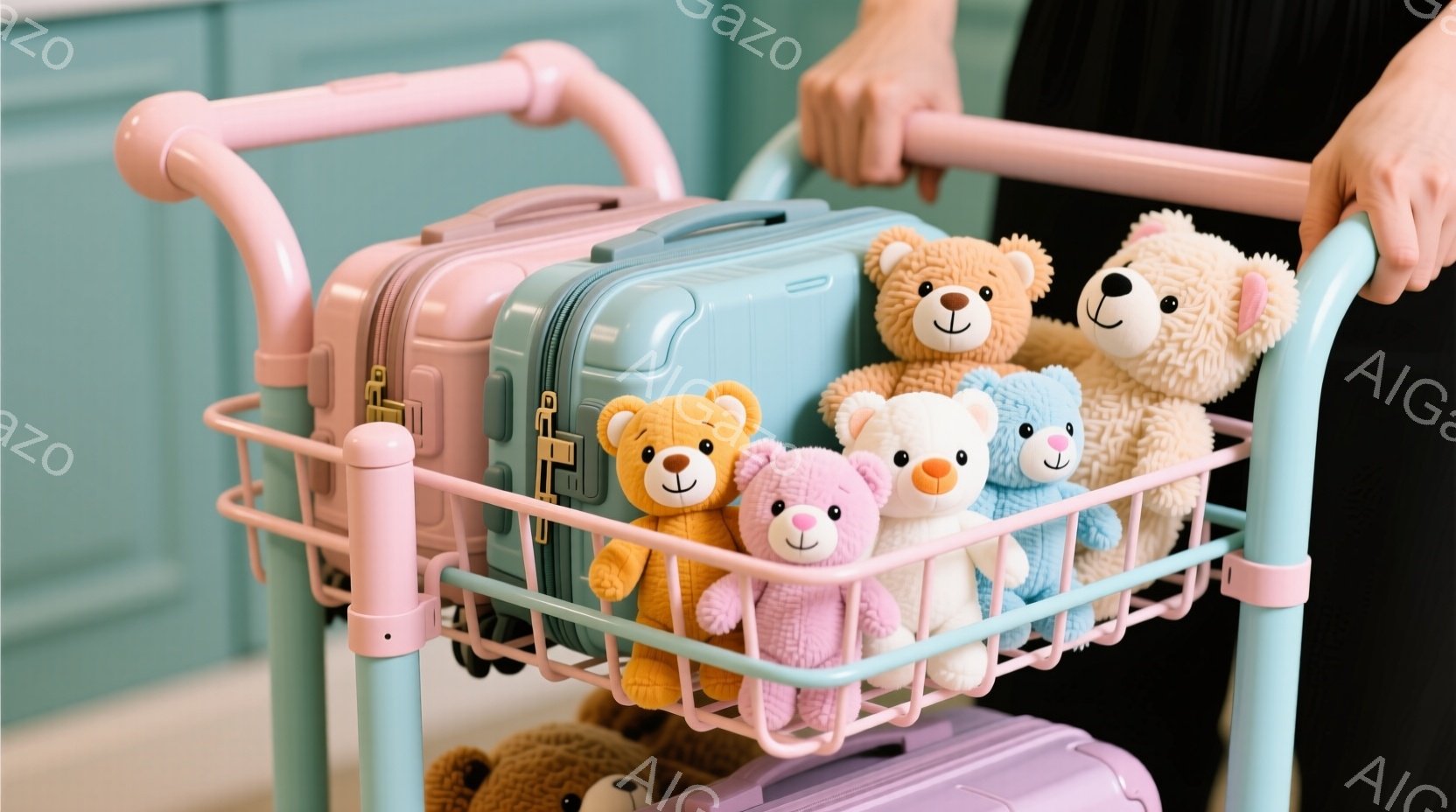 淡いピンク色のキャリーケースが、淡い青緑色のショッピングカートに載っています。カートの中には、様々な色のテディベアが並んで座っており、可愛らしい雰囲気を醸し出しています。背景は薄いピンク色の壁で、全体 - AI生成フリー素材