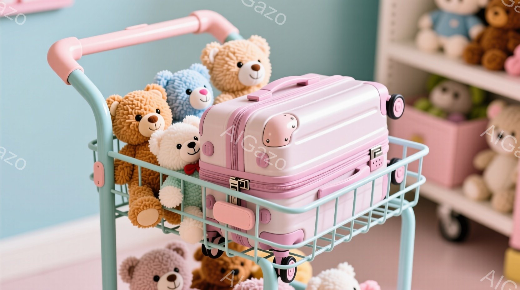 薄いピンク色の小さなスーツケースが、水色のショッピングカートに置かれています。カートには様々な色のテディベアが詰め込まれており、背景にはたくさんのテディベアが並んだ棚が見えます。全体的にパステルカラー - AI生成フリー素材