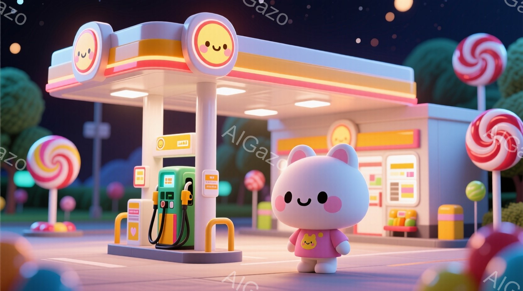 白いウサギのようなキャラクターが、ピンク色のセーターを着て立っています。背景には、キャンディーのようなカラフルなガソリンスタンドがあり、夜空には星が輝いています。全体的に、パステルカラーで表現された、かわいらしく夢のような雰囲気です。