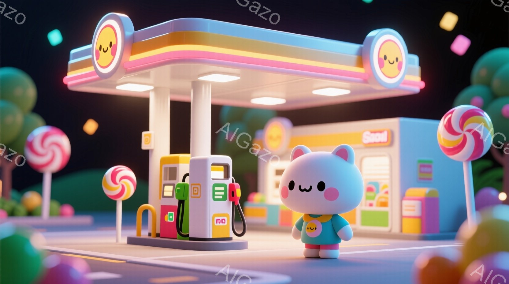ふわふわした白いクマのキャラクターが、水色のTシャツと緑色のズボンを身に着けて立っています。背景には、カラフルなキャンディや、レトロなデザインのガソリンスタンドがあり、全体的にパステルカラーで統一された、夢のような雰囲気です。夜空には小さな光の粒が散りばめられており、可愛らしく幻想的な光景が広がっています。