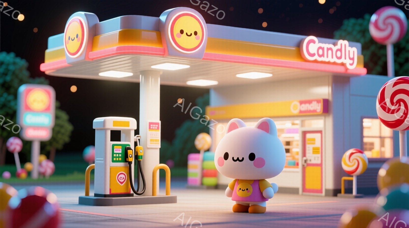明るいピンク色のウサギのキャラクターが、キャンディをテーマにしたガソリンスタンドの前に立っています。キャラクターは赤いオーバーオールを着ており、つぶらな瞳で少し恥ずかしそうな表情をしています。背景にはカラフルなキャンディや建物があり、夜空には小さな光が輝き、全体的に甘くて夢のような雰囲気です。