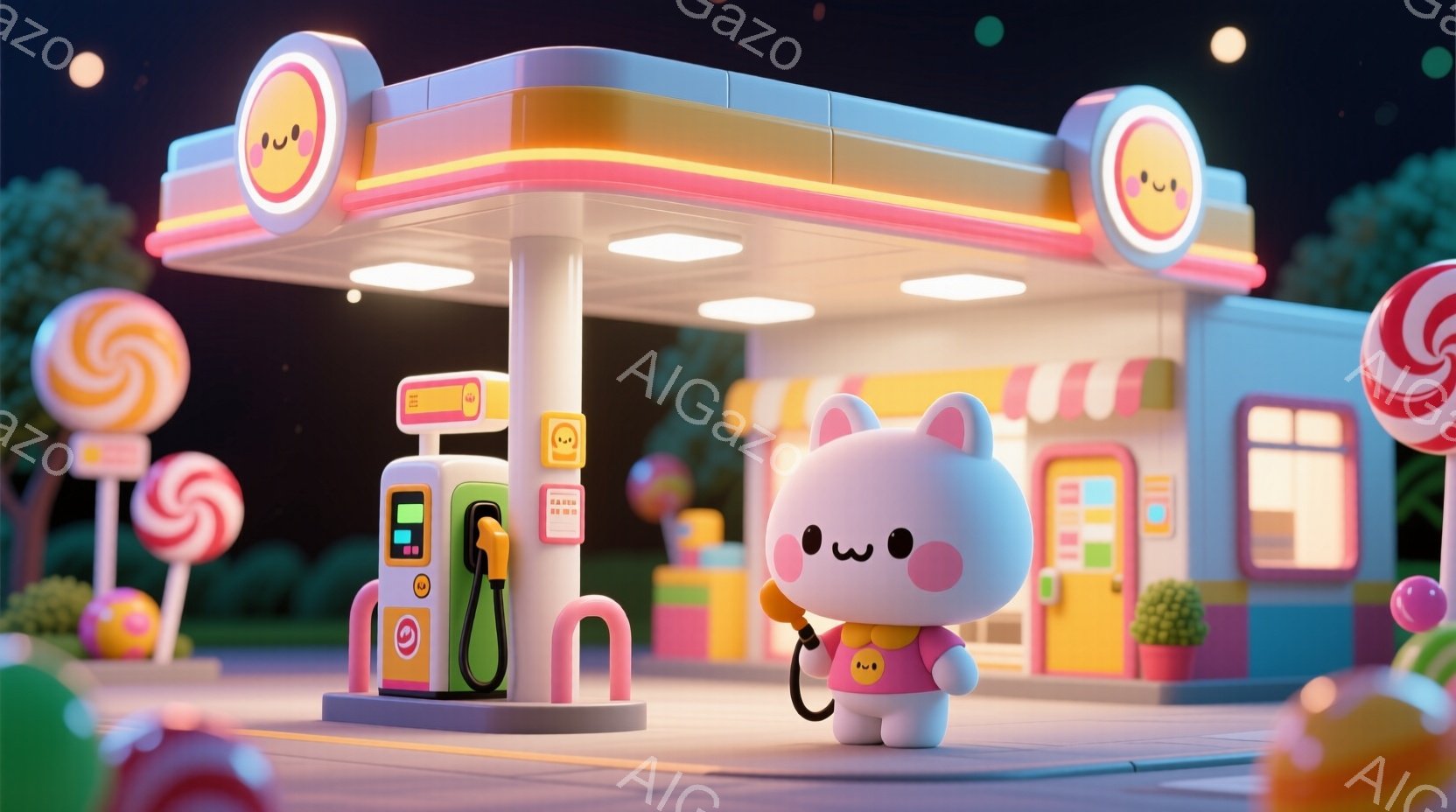 薄ピンク色のウサギのキャラクターが、カラフルなガソリンスタンドの前に立っています。ウサギは黒い目と小さな口を持ち、どこか物憂げな表情をしています。背景には、キャンディのような装飾が施されたガソリンスタンドの建物、緑の植物、夜空が広がっており、全体的に夢のような、遊び心のある雰囲気が漂っています。