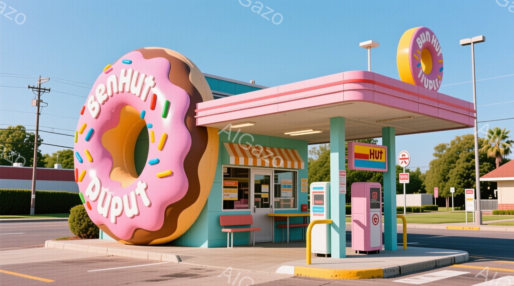 ピンク色の大きなドーナツが特徴的な「Donut Hut」という店が写っています。建物は水色とピンク色で装飾され、レトロなアメリカのダイナーを彷彿とさせるデザインです。背景には緑の芝生と木々、そして晴天の空が広がり、明るくポップな雰囲気を醸し出しています。