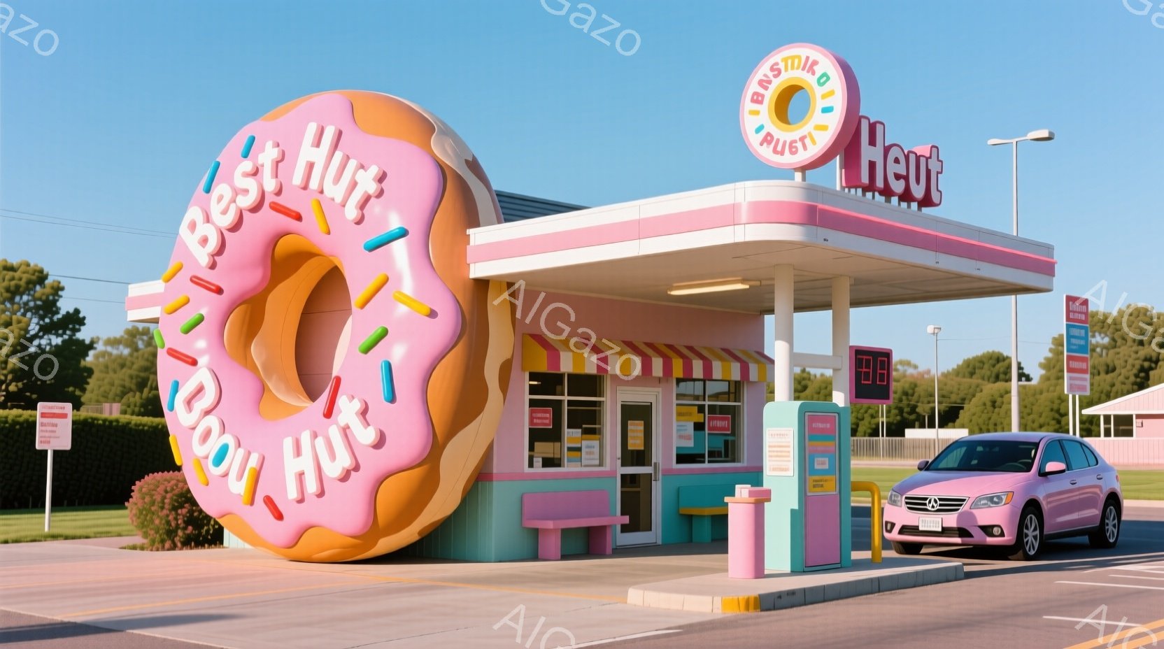ピンク色のドーナツの形をした独特なガソリンスタンドが、青い空の下に広がっています。スタンドの看板には「Boost Hut」と書かれており、レトロな雰囲気の建物と鮮やかなピンク色の車が、遊び心あふれる雰囲気を醸し出しています。背景には緑豊かな木々が見え、晴れた日の明るい空が、全体的にカラフルで楽しい印象を与えます。