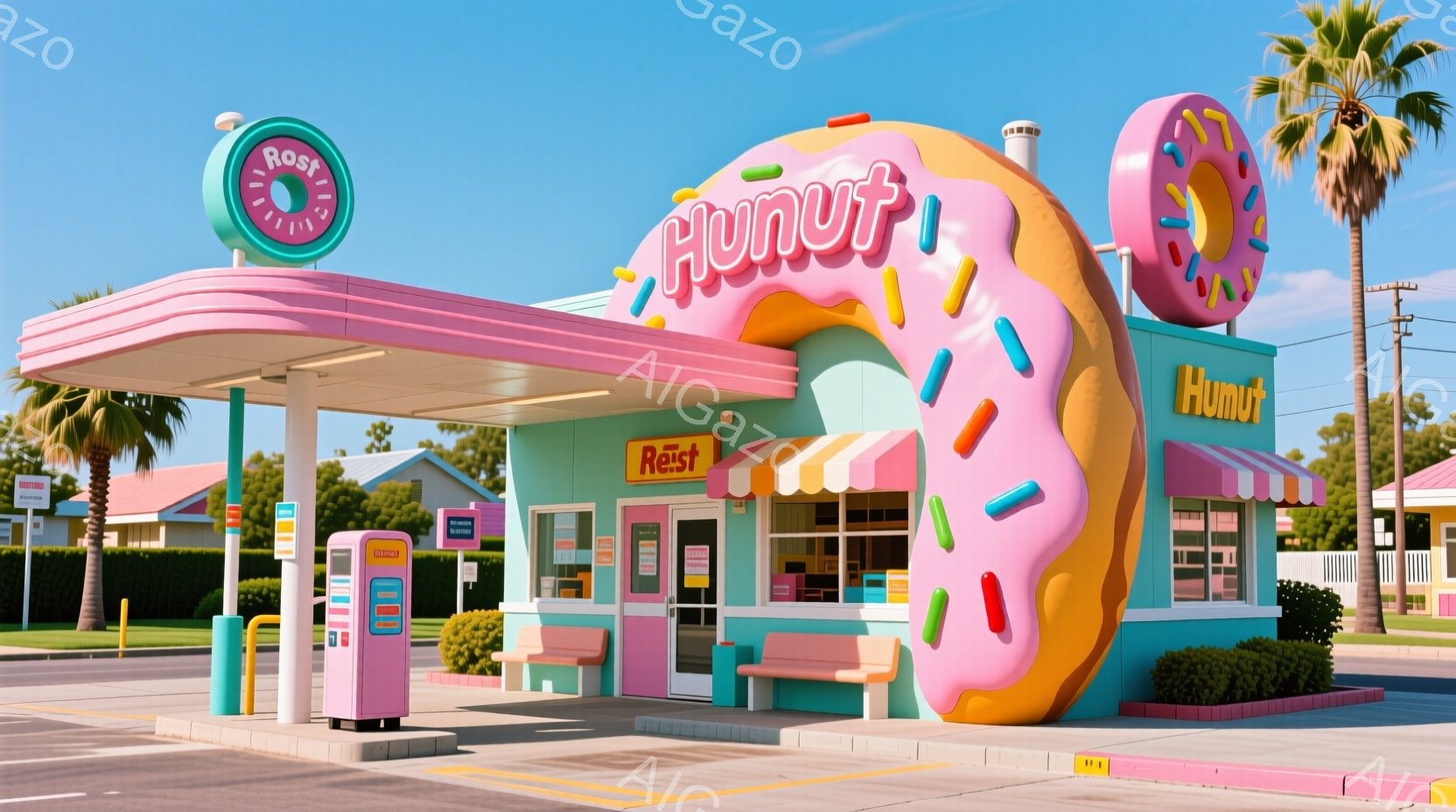 鮮やかなピンク色の背景に、ドーナツの形をしたユニークなガソリンスタンドが建っています。建物は、クリーム色のアイシングとカラフルなスプリンクルで飾られ、まるで本物の巨大なドーナツのようです。背景にはヤシの木が立ち並び、青空の下、まるで夢のような甘い雰囲気を醸し出しています。