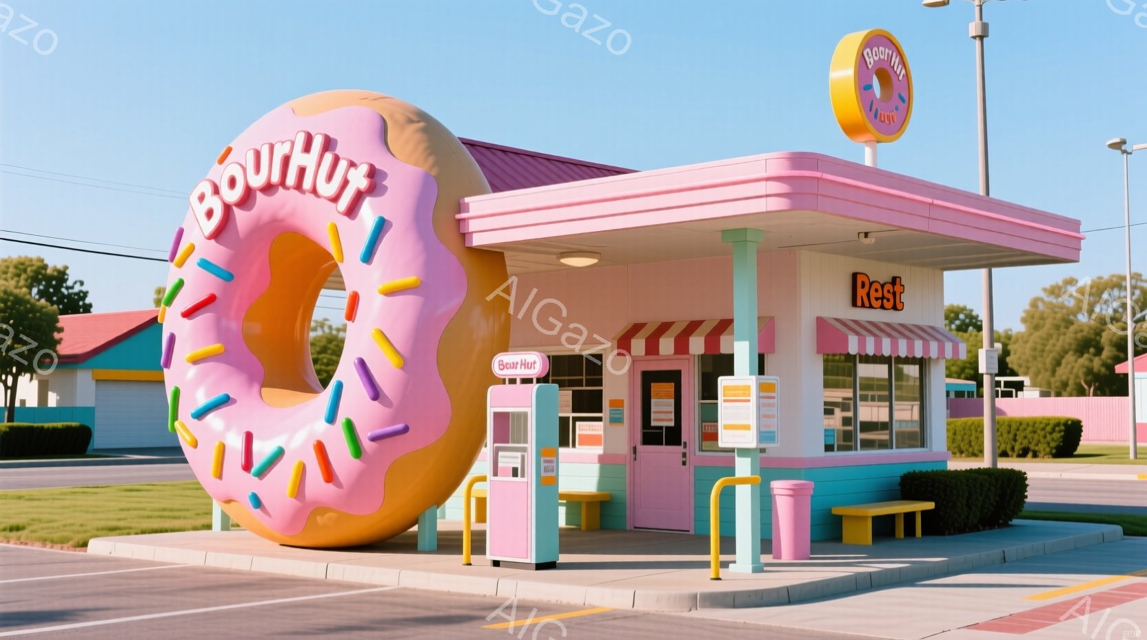 ピンク色のドーナツショップが写っており、大きなドーナツの模型が建物の側面に付いています。背景にはピンク色の建物と緑の芝生、そして青空が広がっており、全体的に明るくポップな雰囲気を醸し出しています。建物自体もピンクと白を基調とした可愛らしいデザインで、休憩できる場所であることを示す看板が設置されています。