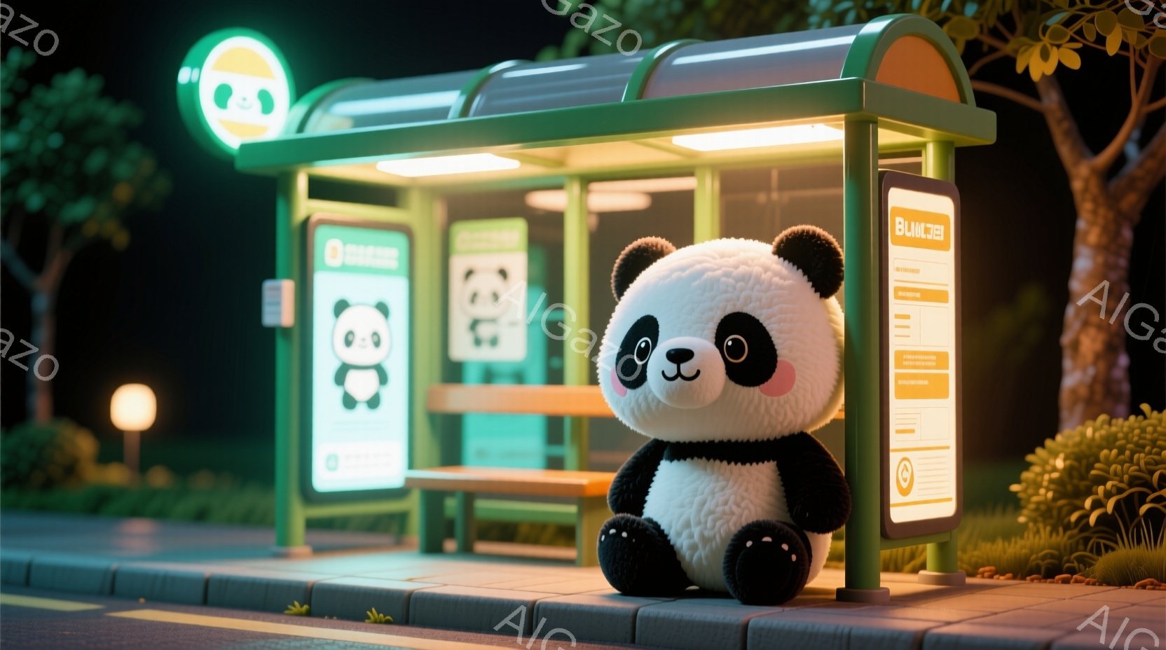 バス停で座っているパンダのぬいぐるみがあります。パンダは黒い耳とパッチ、白い体に可愛らしい表情をしており、静かにバスを待っているようです。背景には緑豊かな植物と暗い夜空が見え、バス停の明かりがパンダを - AI生成フリー素材