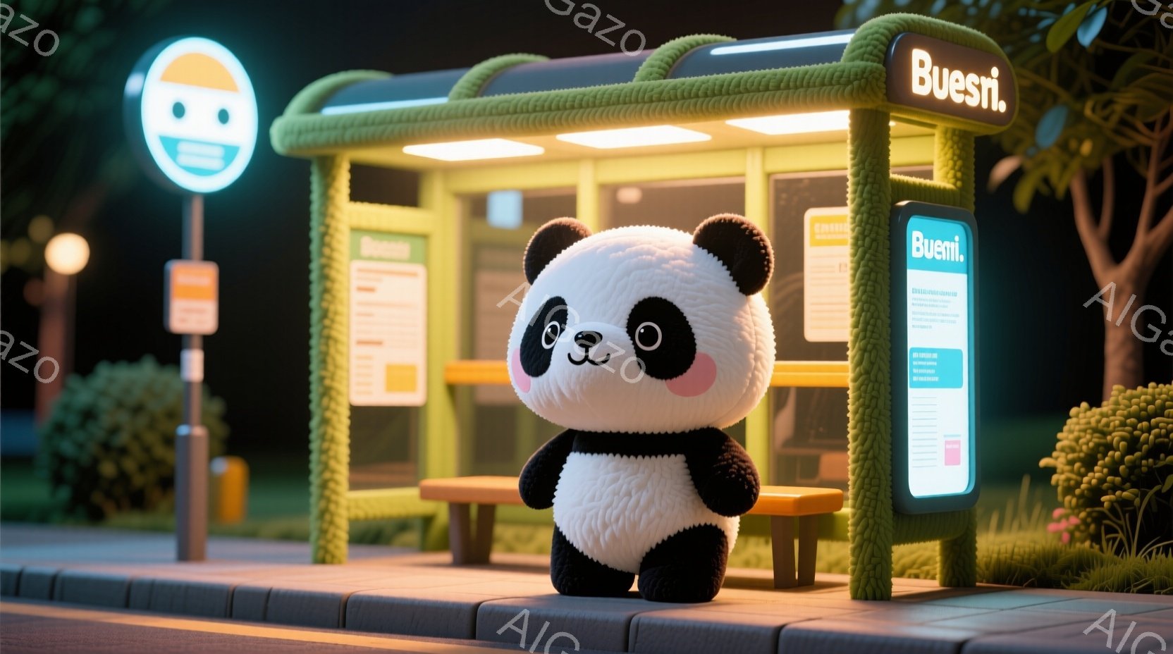 大きくてふわふわしたパンダの人形がバス停のベンチに座っています。背景には緑豊かな木々や草むらが広がり、夜空の下、バス停の温かい光が周囲を照らしています。全体的に、暖かく、おとぎ話のような雰囲気が漂っています。