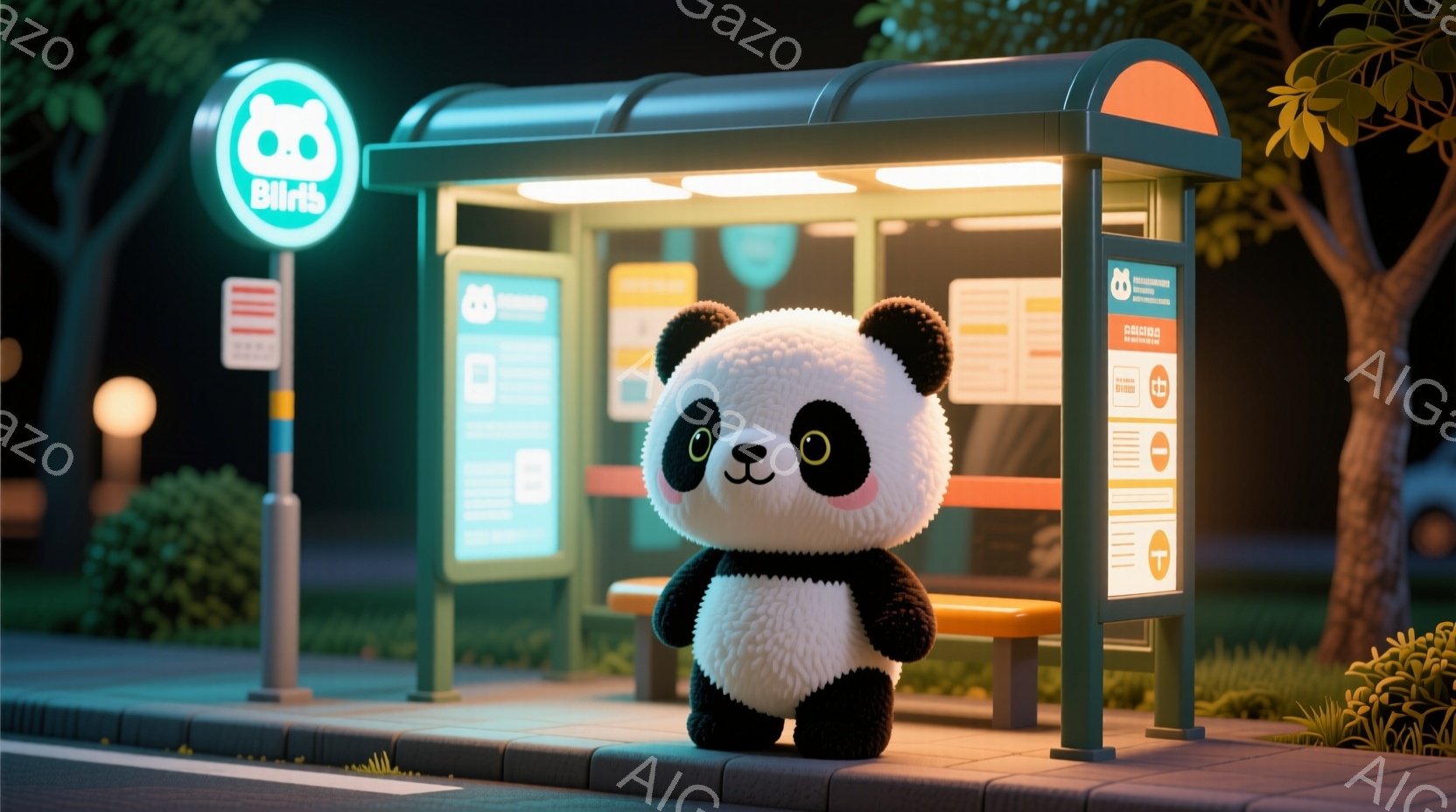 ふわふわのパンダのキャラクターがバス停で立っています。パンダは黒と白の毛並みで、丸くて可愛らしい表情をしています。背景は夜の街並みで、街灯や緑がバス停を照らし、少し幻想的な雰囲気を作り出しています。 - AI生成フリー素材