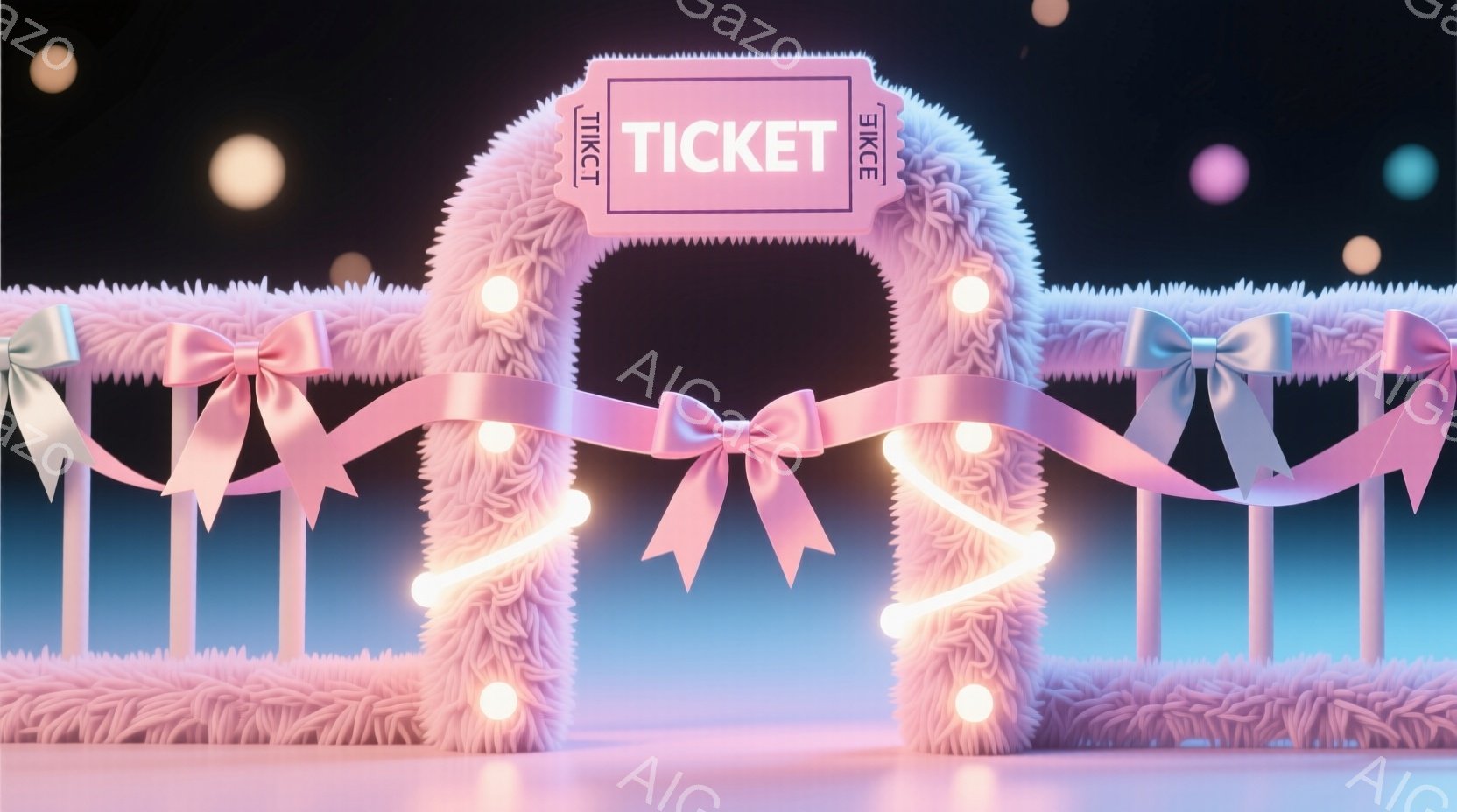 明るいピンク色のふわふわした素材でアーチが作られており、その周りにはいくつかの光が散らばっています。背景は濃い青色で、床は薄いピンク色であり、全体的に柔らかく、夢のような雰囲気です。アーチの上部にはピ - AI生成フリー素材