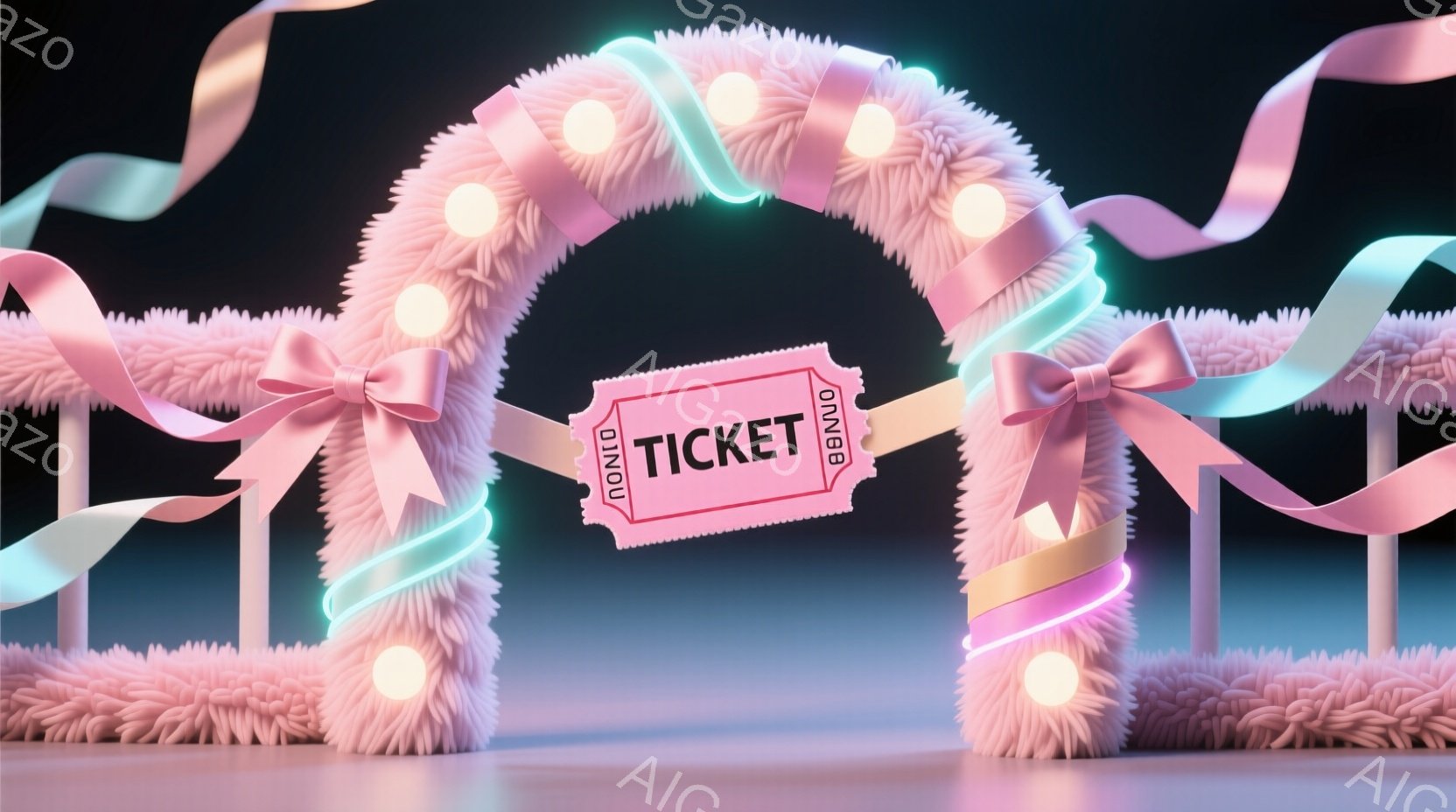鮮やかなピンク色のフリル状のアーチが、明るい光を放つ電球で飾られています。アーチの下には「TICKET」と書かれた赤いチケットが浮かんでおり、背景は淡い青色のグラデーションで、夢のような雰囲気を醸し出 - AI生成フリー素材