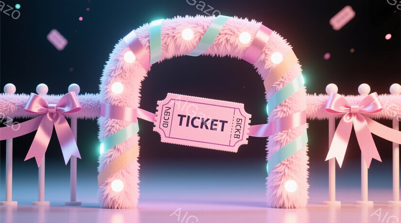 明るいピンク色の装飾が施されたアーチが画像の中央に位置し、その両脇には白い光る柱が並んでいる。アーチの上部には大きなリボンが飾られ、アーチの内部は暗闇で、そこには「TICKET」と書かれたチケットが浮 - AI生成フリー素材