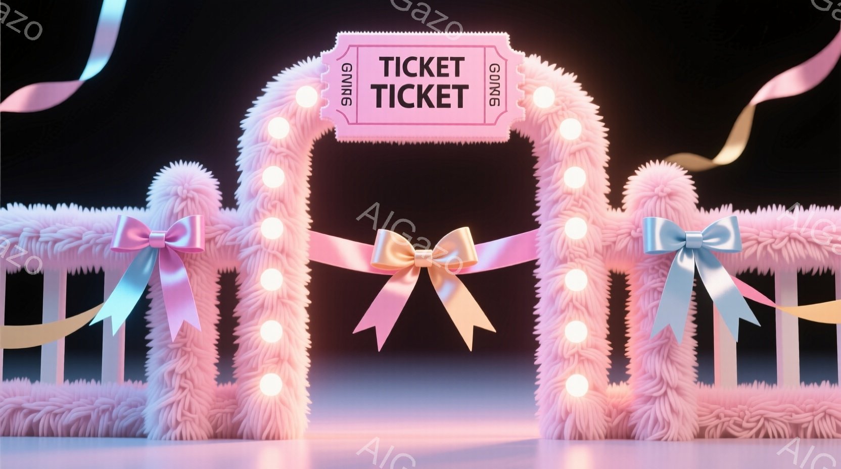 ふわふわしたピンク色の毛並みを持つアーチが画像に写っています。アーチには薄いピンク色のリボンが結ばれており、背景は暗いグレーで、アーチの柔らかい質感と明るい色合いが際立っています。全体的に夢のような、お祭りや特別なイベントの入り口のような、暖かく幻想的な雰囲気です。