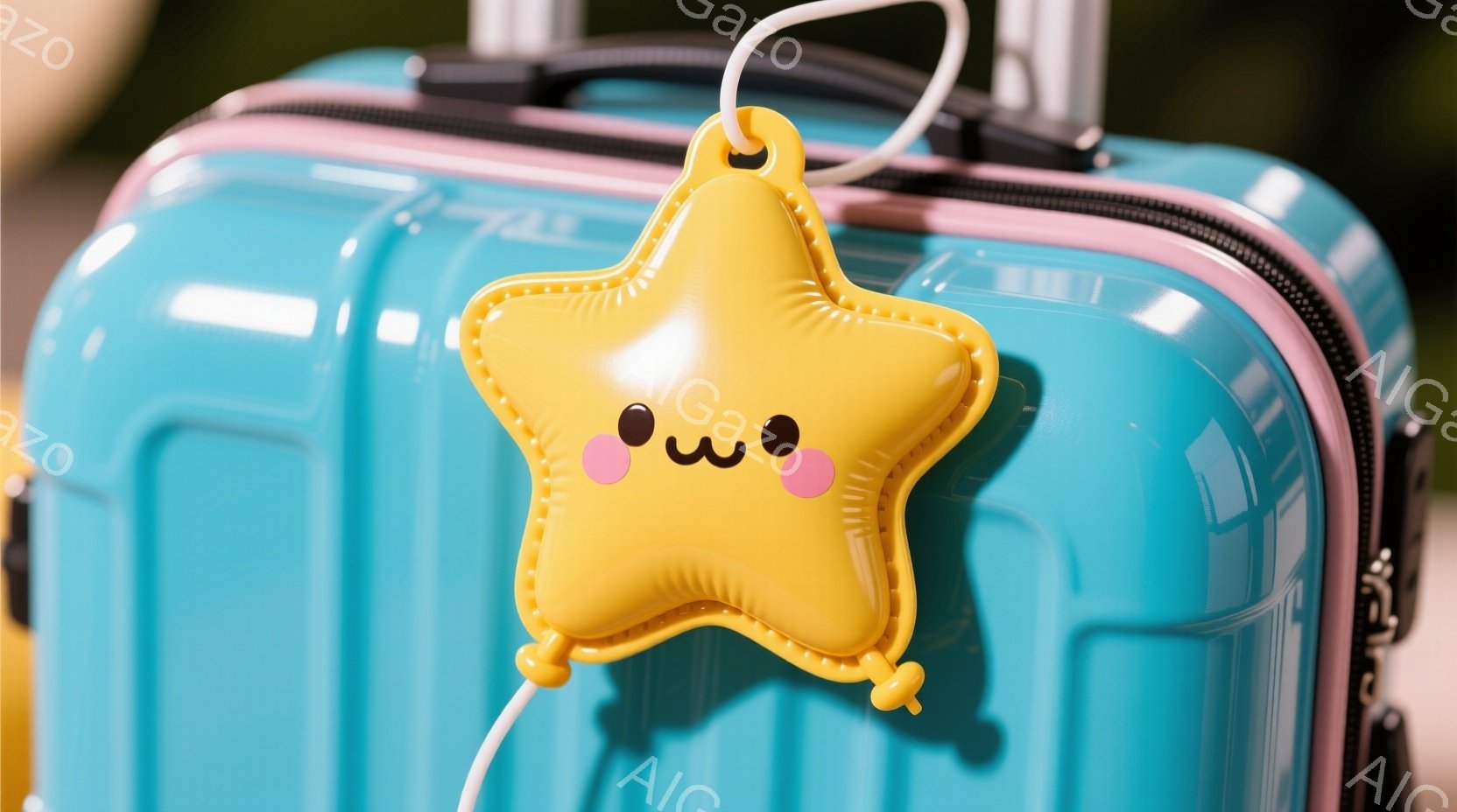 ターコイズブルーのスーツケースに、黄色い星形のキーホルダーがぶら下がっています。星のキーホルダーはつぶらな瞳と微笑みを浮かべており、可愛らしい印象を与えます。背景はぼやけており、キーホルダーとスーツケースが主役となっています。