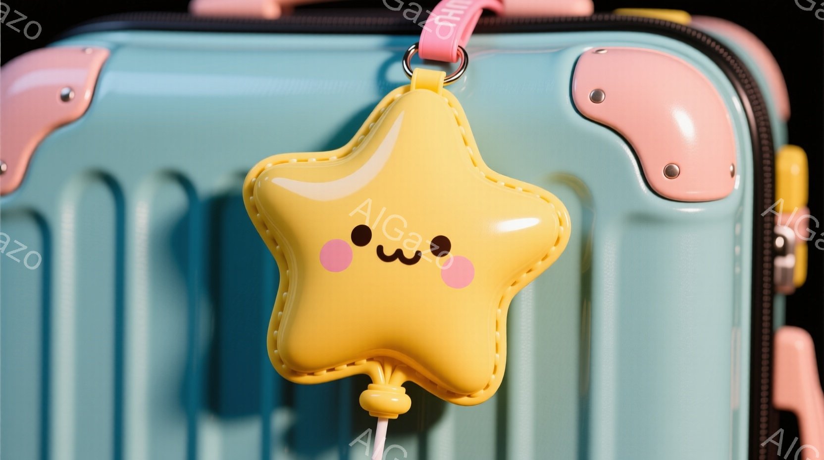 淡い水色のハードケースのスーツケースに、黄色い星型のキーホルダーがぶら下がっています。星には可愛らしい顔が描かれており、丸い黒い瞳と小さな口が特徴的です。スーツケースの縁はピンク色で、全体的にパステル - AI生成フリー素材