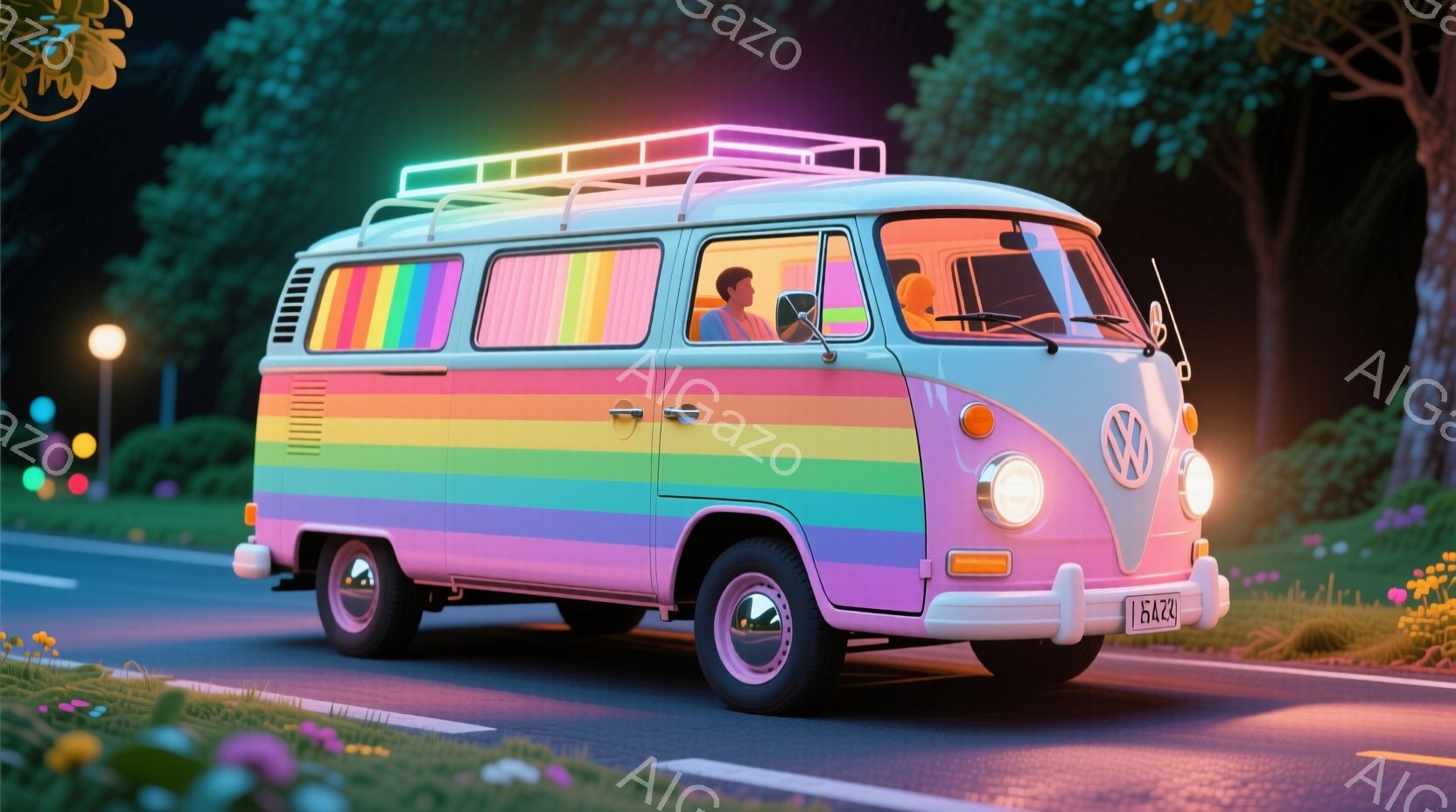 カラフルなストライプが施されたフォルクスワーゲン・タイプ2の車が、夜の道路を走っている。運転席には黒いTシャツを着た男性がおり、穏やかな表情で前方を向いている。背景には緑豊かな草地や花々が広がり、夜空には人工的な光が点在し、幻想的な雰囲気を醸し出している。
