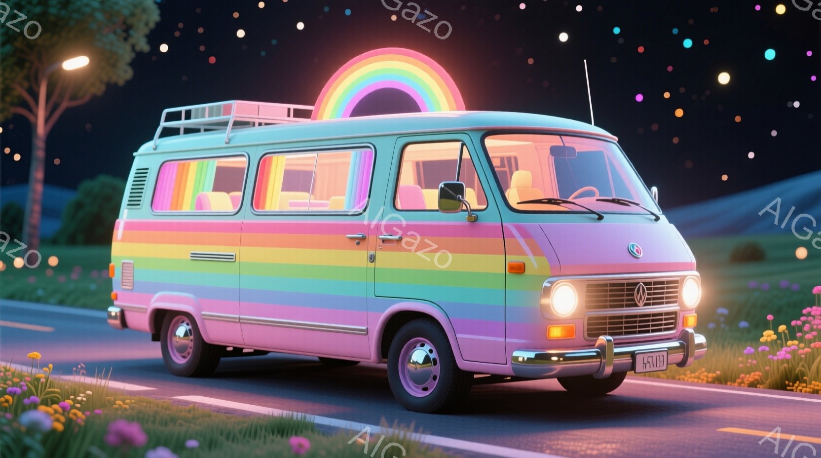 夜空の下、虹色のストライプが特徴的なピンク色のバンが、花畑が広がる道路を走っている。バンはレトロなデザインで、屋根には荷物入れが設置されており、暖かく幻想的な雰囲気を醸し出している。遠景には緑色の丘が広がり、星空が輝き、平和で夢のような光景が広がっている。