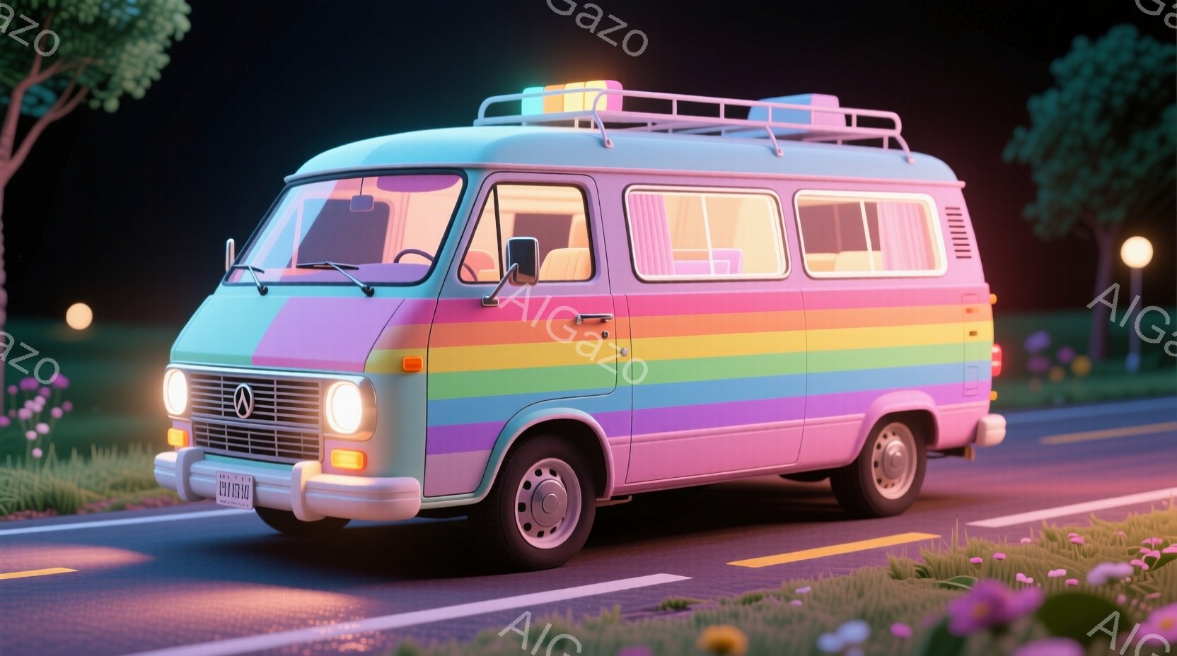 鮮やかな虹色のストライプが描かれたクラシックなフォルクスワーゲン・タイプ2のバンを描いています。バンは、夜の道路を走っており、周囲にはピンクと紫の花が咲き乱れ、優しい光が道路を照らしています。全体的に、夢のような、ノスタルジックで平和な雰囲気を醸し出しています。