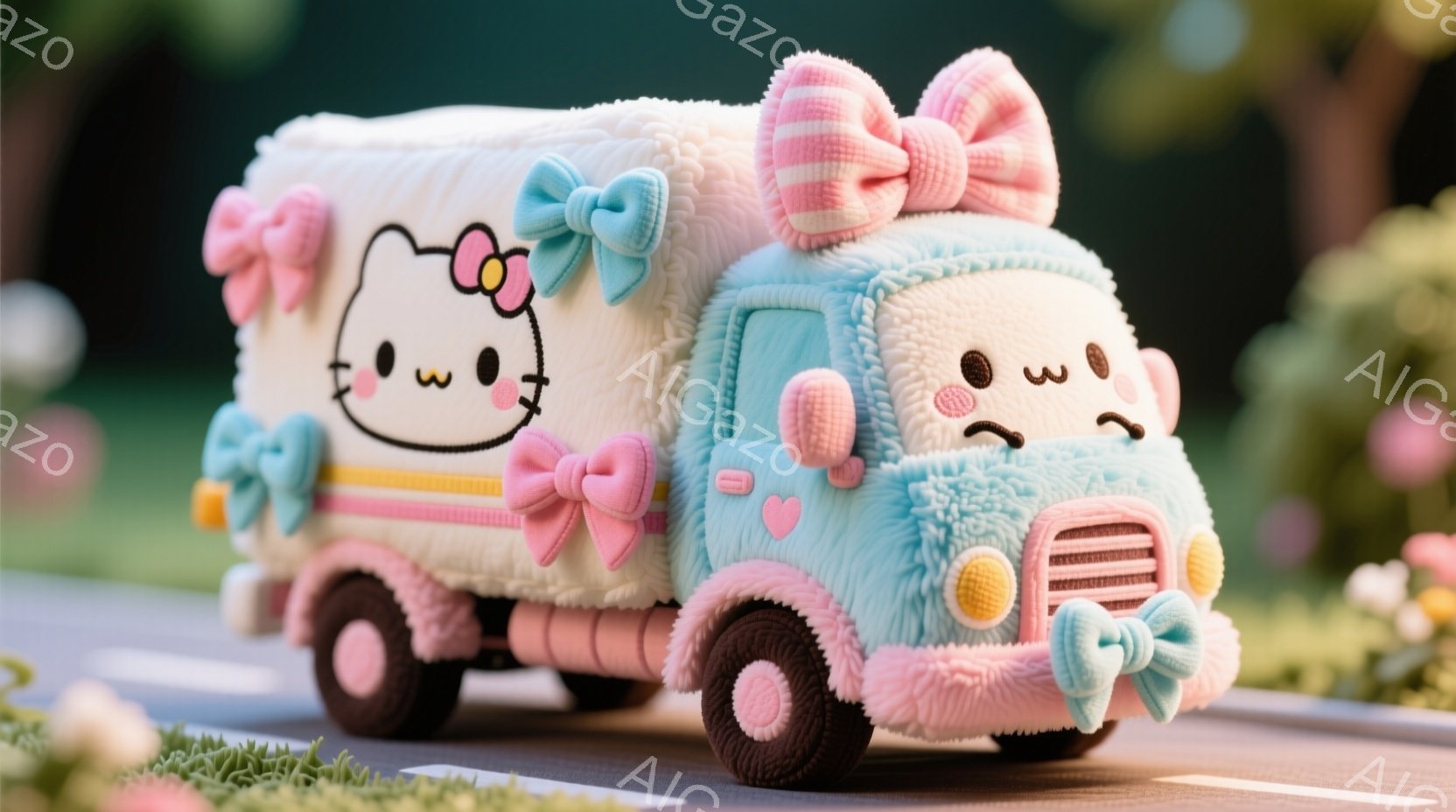パステルブルーとピンクのふわふわした質感のトラックのクローズアップです。トラックのキャビンには、大きなリボンとハートが飾られており、ハローキティの顔が描かれています。背景は、ぼやけた緑の芝生とピンクの花が咲く木々で、暖かく、夢のような雰囲気を作り出しています。