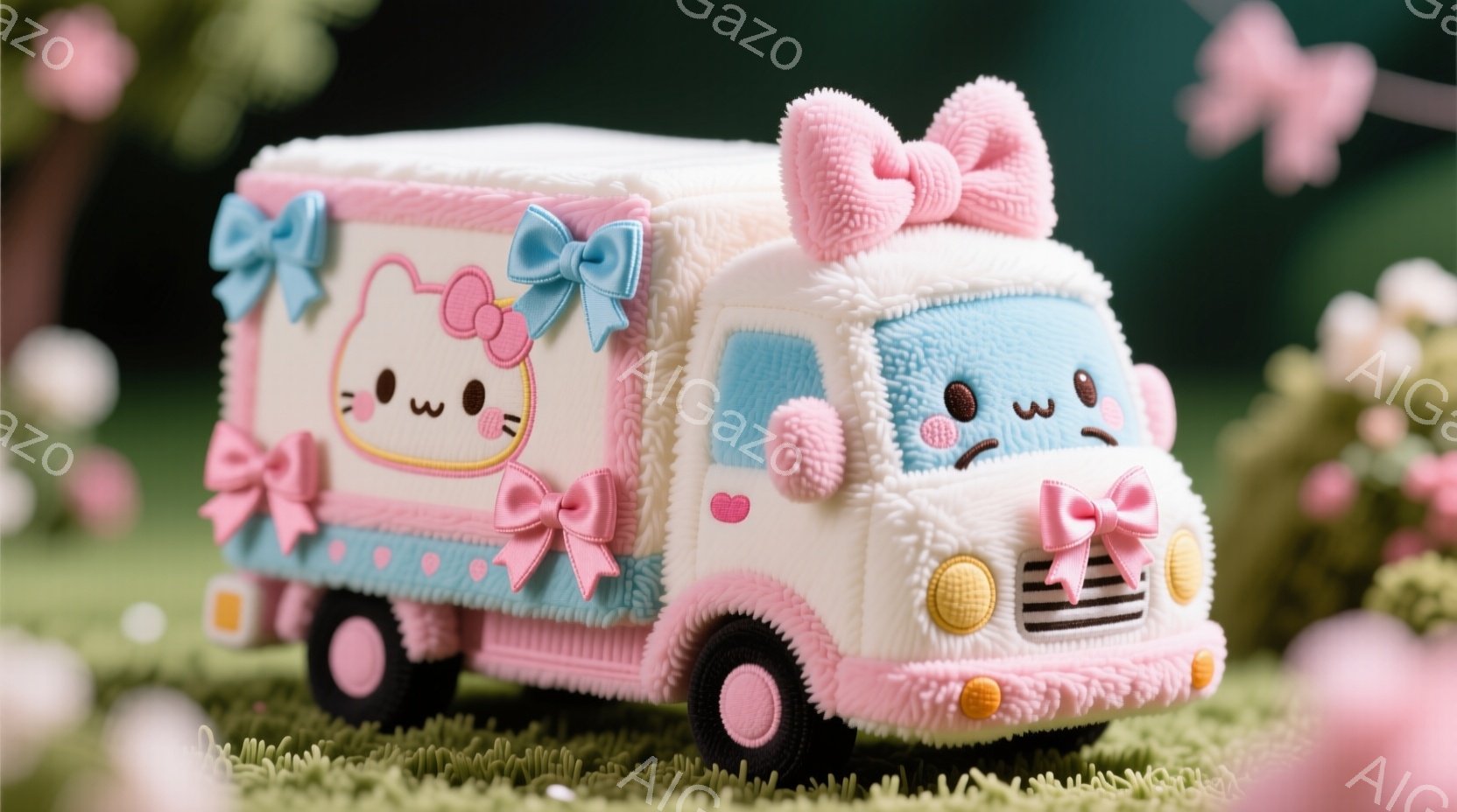 ふわふわとした質感のピンクと水色のトラックが、緑の芝生の上で可愛らしく佇んでいます。トラックには大きなリボンがあちこちに飾られ、フロントには丸いヘッドライトと黒いグリルがついています。背景にはぼやけたピンクの花々が咲き誇り、全体的に夢のような、優しい雰囲気を醸し出しています。