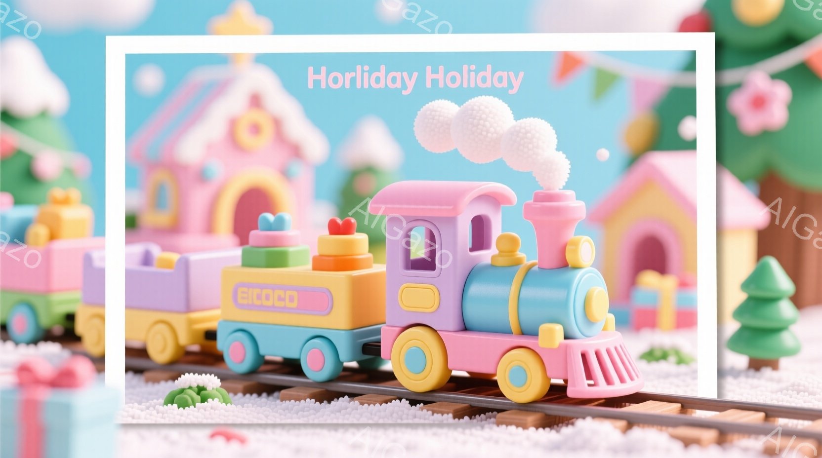This image depicts a charming holiday scene with a toy train and various playful elements. The centr - AI生成フリー素材
