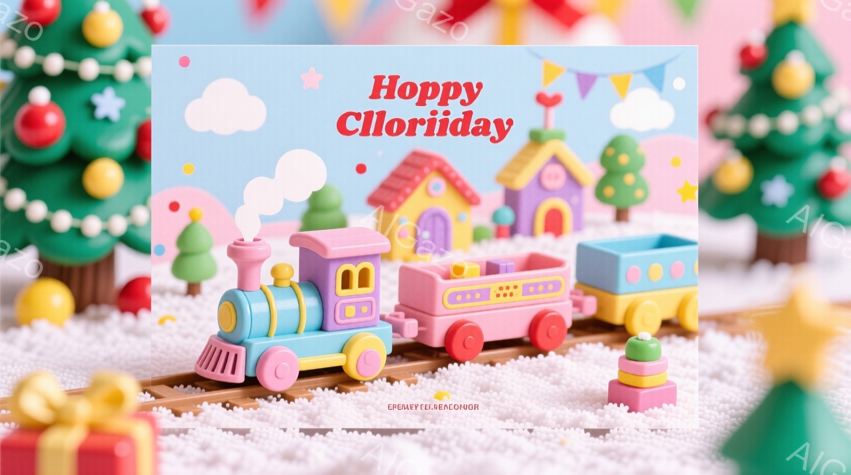 カラフルな背景に、おもちゃのような可愛らしい列車が並んでいます。列車は、青、ピンク、オレンジ色の車輪が付いた3両編成で、雪の上に置かれています。背景には、クリスマスツリーやプレゼント、可愛らしい家々が - AI生成フリー素材