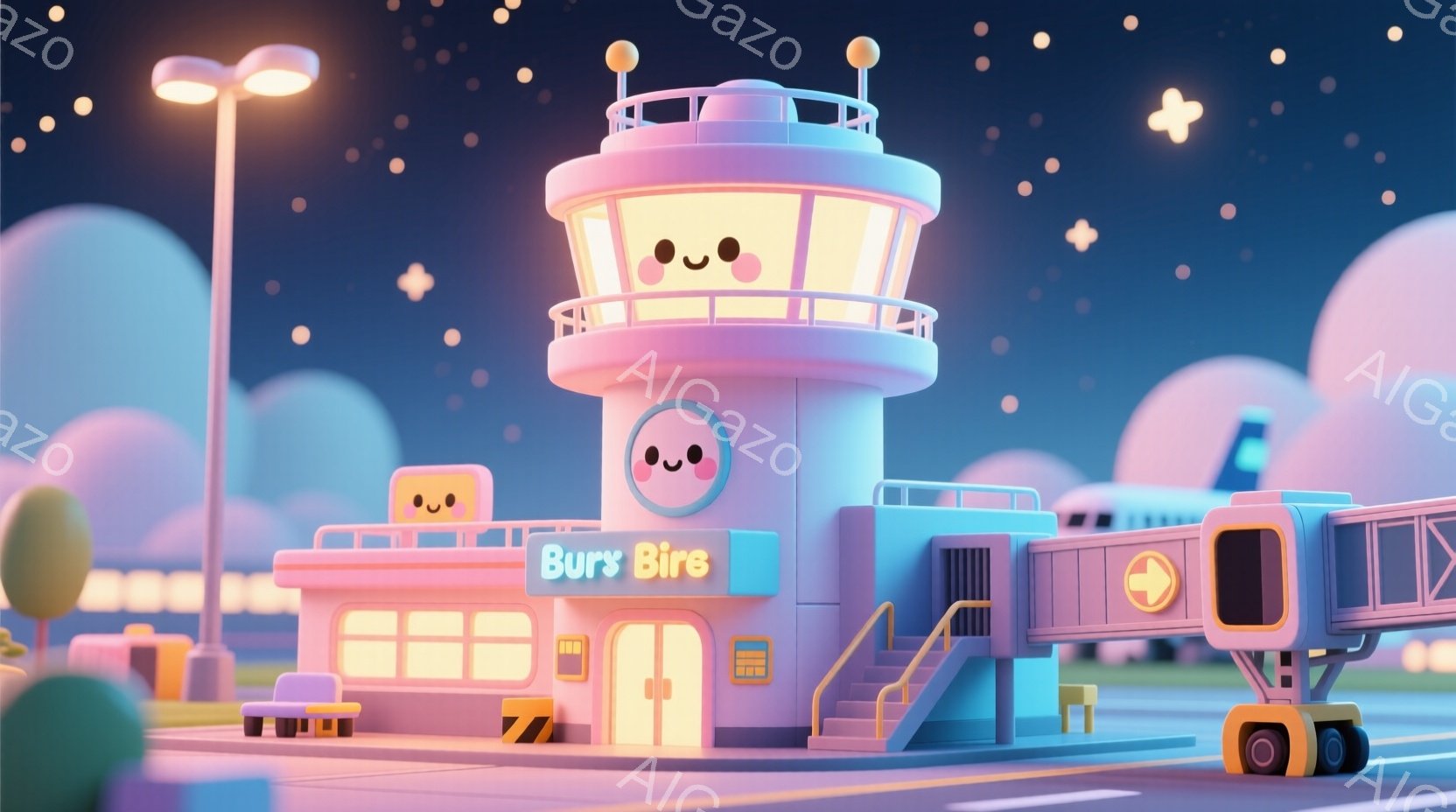 可愛らしい青とピンクの空港の建物が描かれており、まるで夢のような雰囲気を醸し出しています。建物には笑顔の顔が描かれており、空港全体が親しみやすい印象を与えます。背景には、丸みを帯びた雲が浮かび、夜空に - AI生成フリー素材