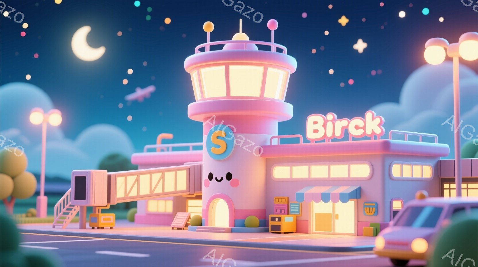 明るいピンクと紫色の色調で描かれた、空港の管制塔と周辺施設が印象的なイラストです。管制塔は顔のようなデザインが施され、可愛らしい表情をしています。背景には雲と星が散りばめられた夜空が広がり、全体的に夢 - AI生成フリー素材