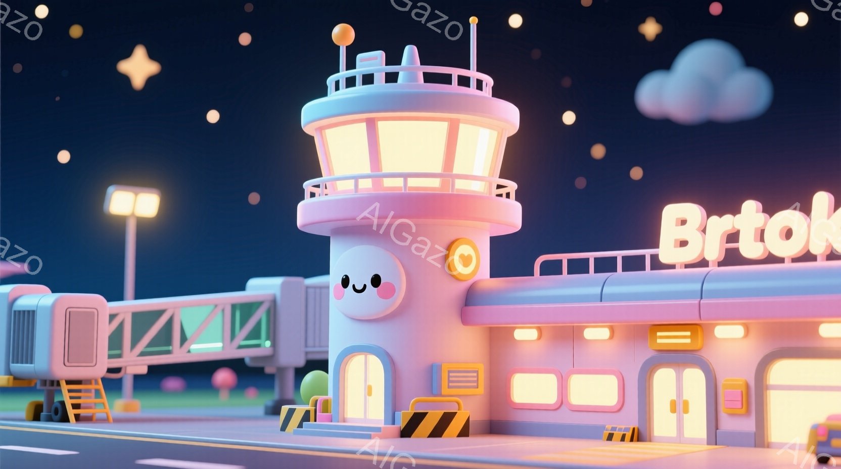 明るい夜空を背景に、可愛らしい空港の建物が描かれています。滑走路に面した建物は、つぶらな瞳とほほえみで人間のように表情豊かで、暖色系の照明が建物全体を優しく照らしています。背景には、星空とわずかに見え - AI生成フリー素材