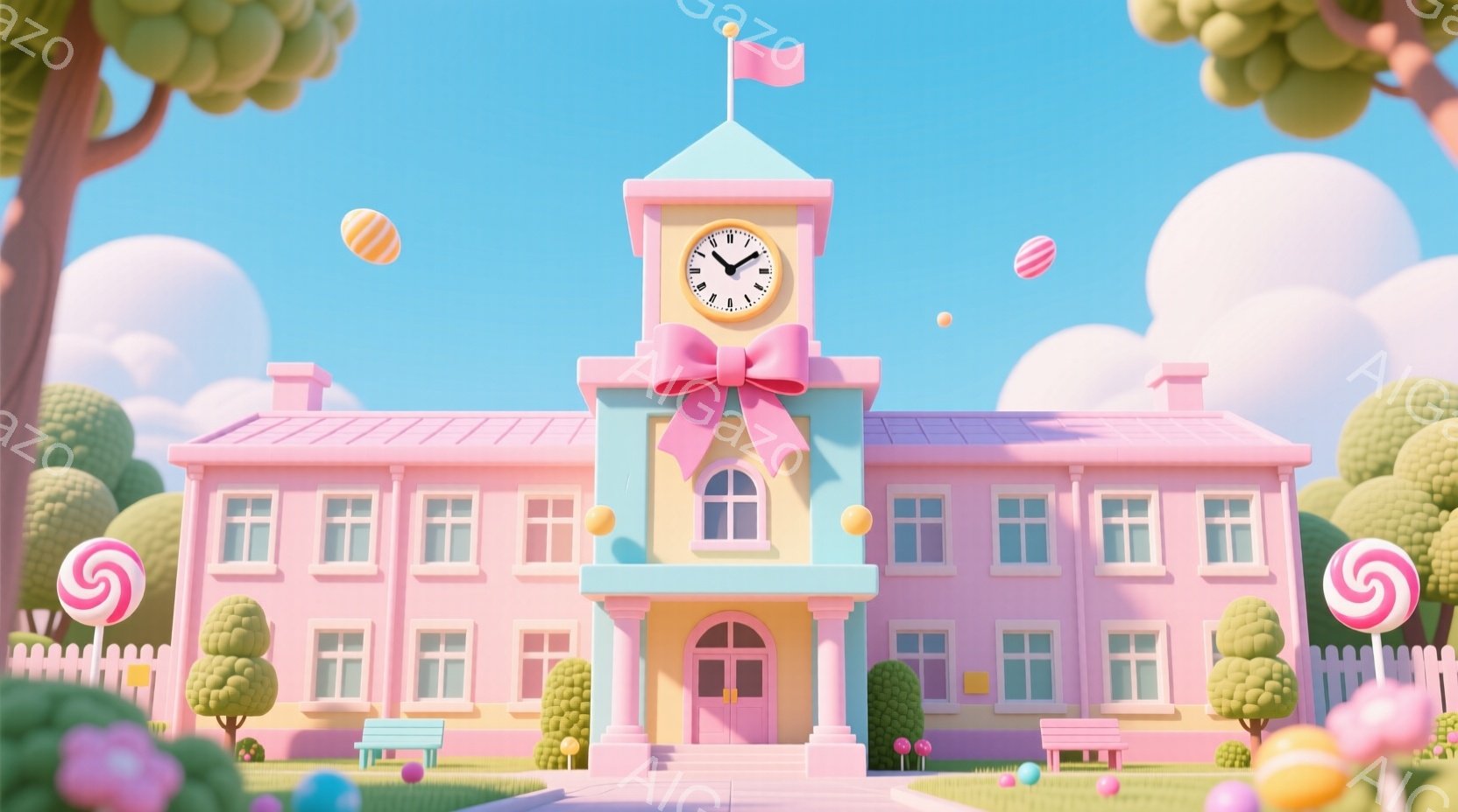 鮮やかなピンク色の建物が印象的な画像です。屋根には大きなリボンが飾られ、時計台がのどかに時を刻んでいます。背景にはパステルカラーの雲が浮かび、キャンディや卵のようなカラフルな装飾が散りばめられており、おとぎ話のような夢幻的な雰囲気を醸し出しています。