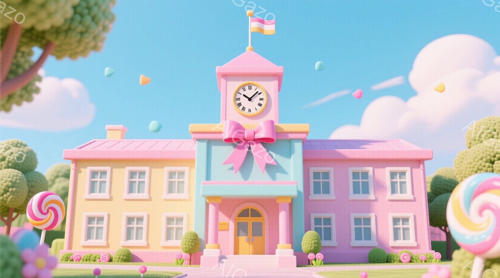 カラフルなキャンディのような建物が描かれています。ピンクと黄色のストライプで装飾され、屋根には大きなリボンが付いています。背景には緑の木々と青い空、そしてキャンディが浮かび、まるで夢のような世界観を作 - AI生成フリー素材