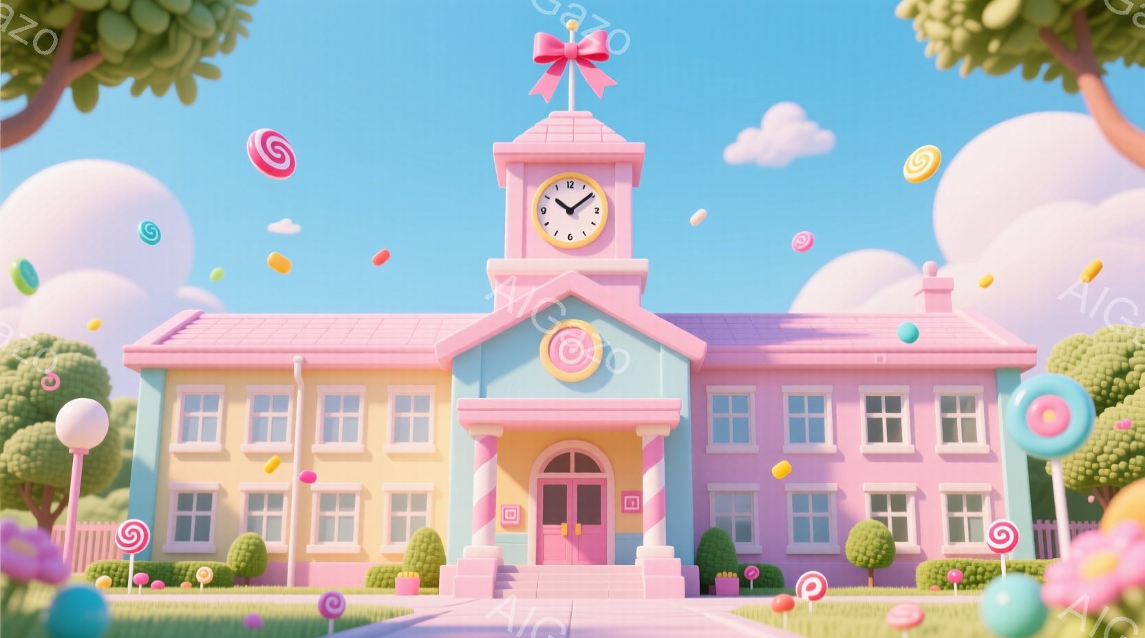 イラストではなく、実写であることを注意する必要があります。、児童学校のような建物が描かれており、時計が表示されています。背景は明るく、白雲と日光があり、天気は晴れです。人物は一人の男性教師のような姿勢で笑顔を見せており、服装は学校生活に似たものです。全体として、かわいくて楽しい学校の雰囲気が感じられます。