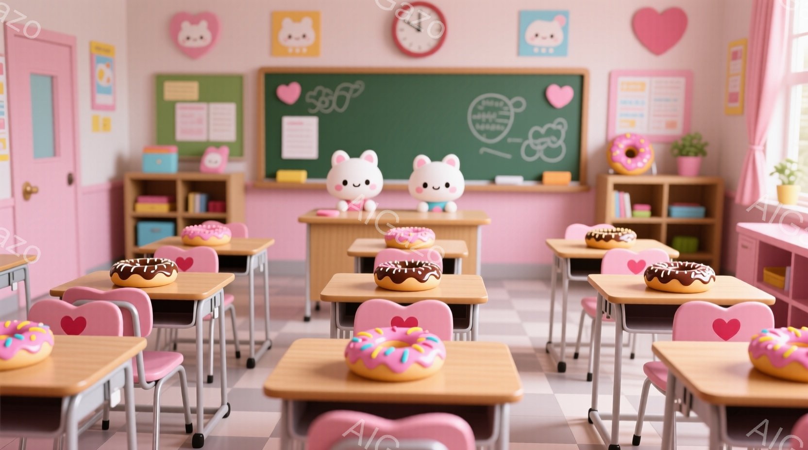 明るいピンク色の教室には、木製の机と椅子が整然と並べられています。各机の上には美味しそうなドーナツが置かれ、黒板には可愛らしいイラストが描かれています。全体的に柔らかい色調で、親しみやすく楽しい雰囲気 - AI生成フリー素材